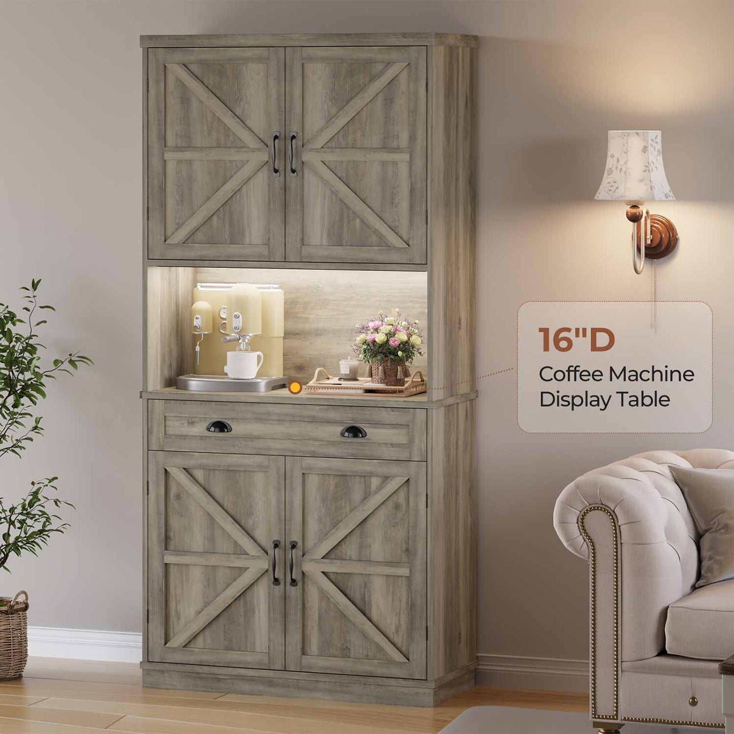 72.6 Inches Kitchen Pantry Cabinet with LED Lights Grey