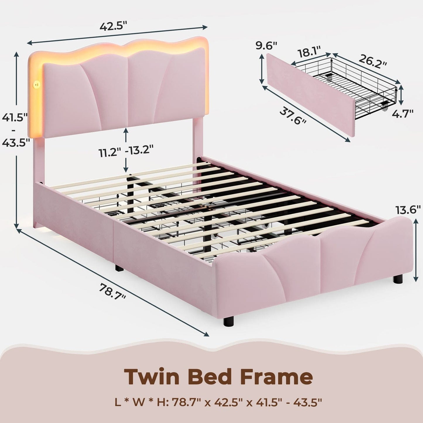 Twin Size Velvet Upholstered LED Bed Frame Pink