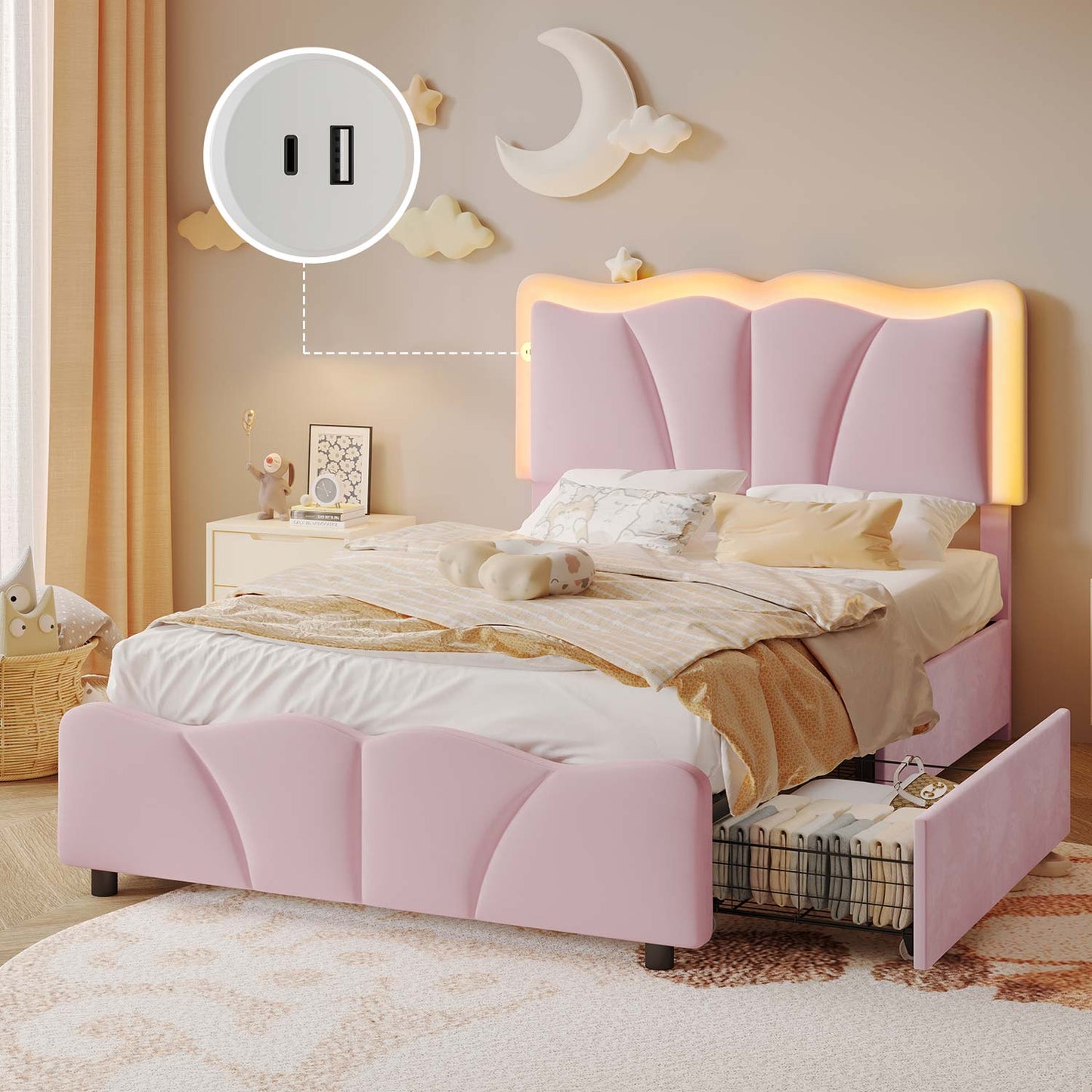 Twin Size Velvet Upholstered LED Bed Frame Pink
