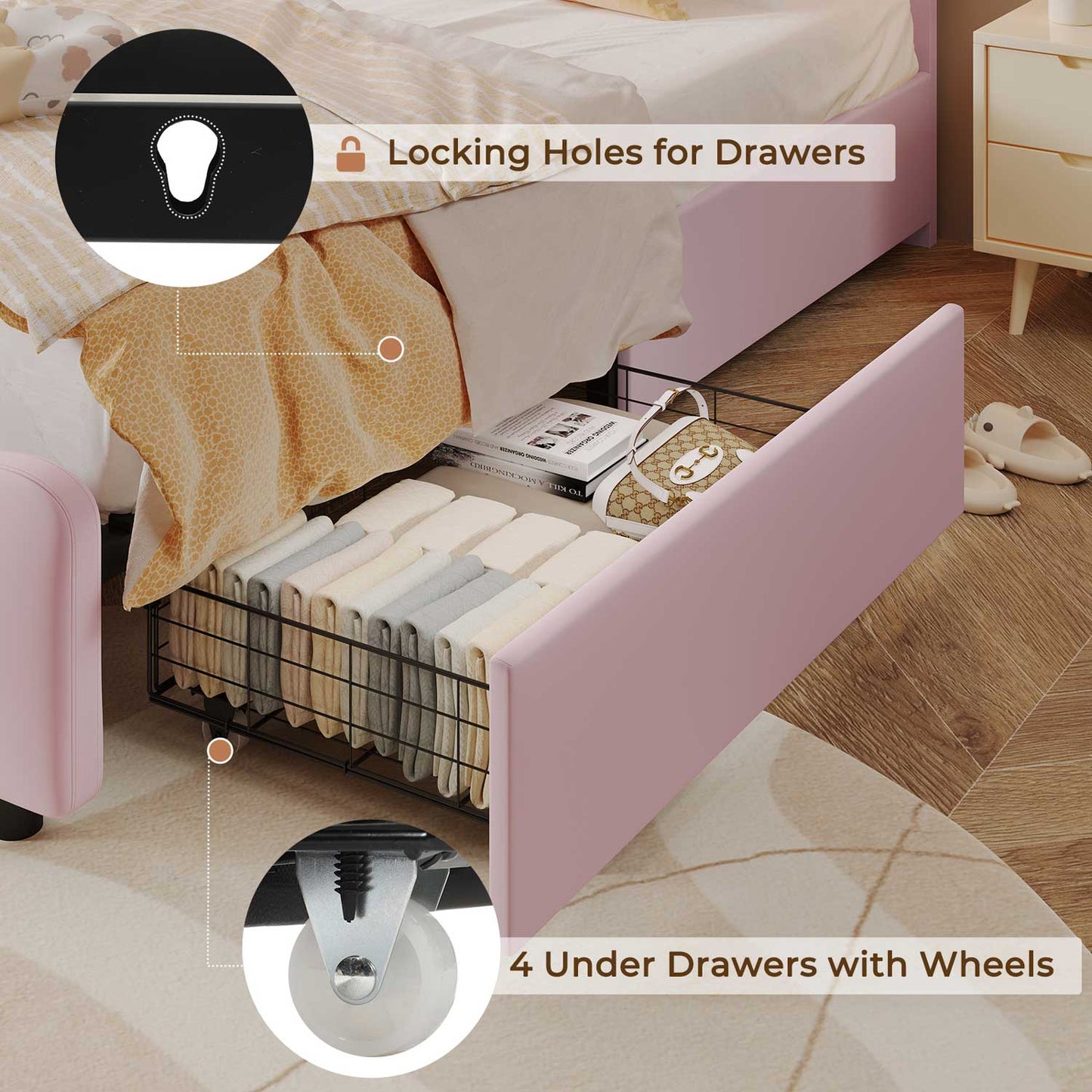 Twin Size Velvet Upholstered LED Bed Frame Pink