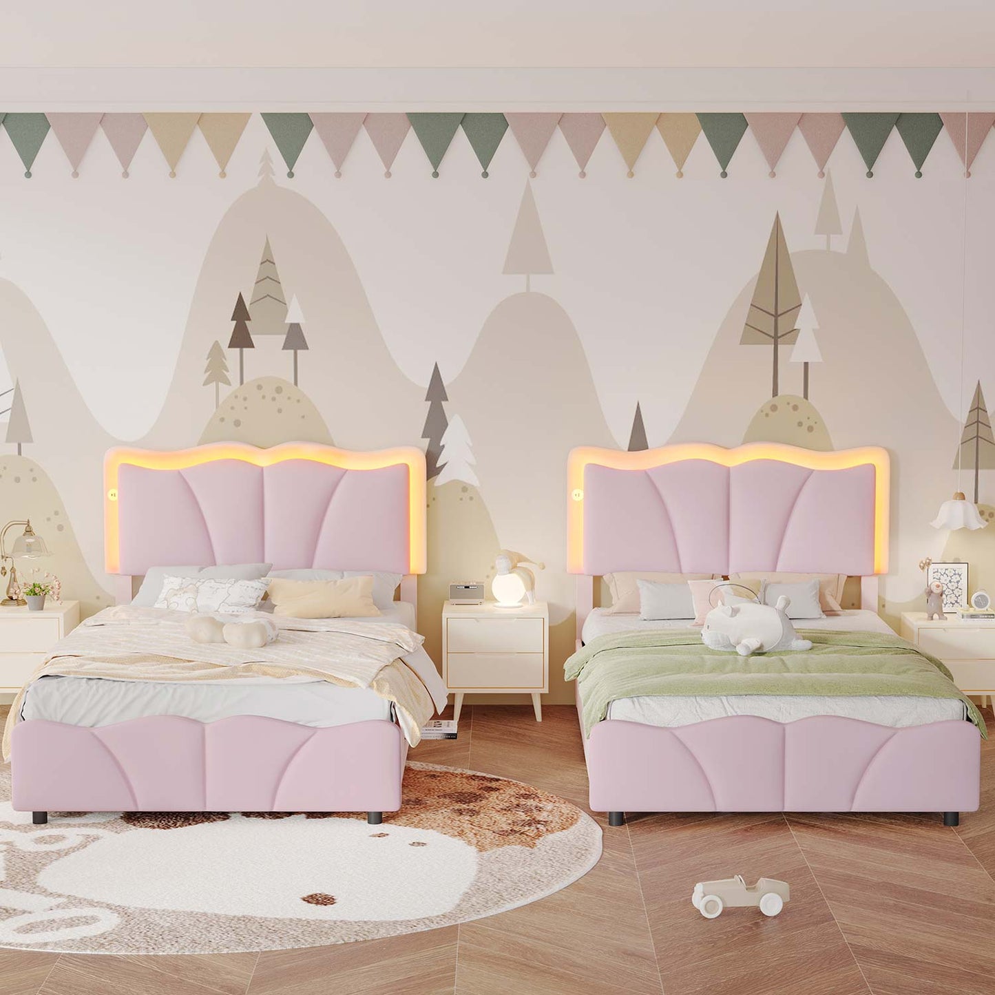Twin Size Velvet Upholstered LED Bed Frame Pink