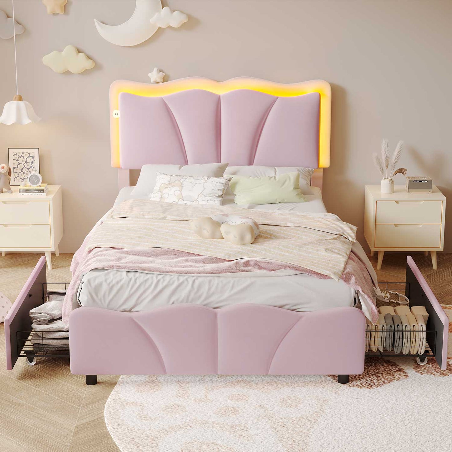 Twin Size Velvet Upholstered LED Bed Frame Pink
