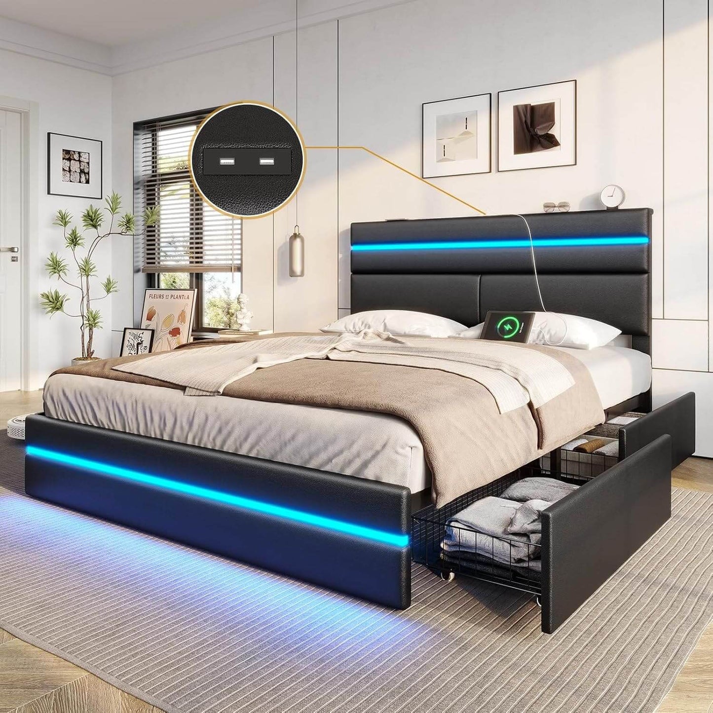 LED Bed Frame with Charging Station Black