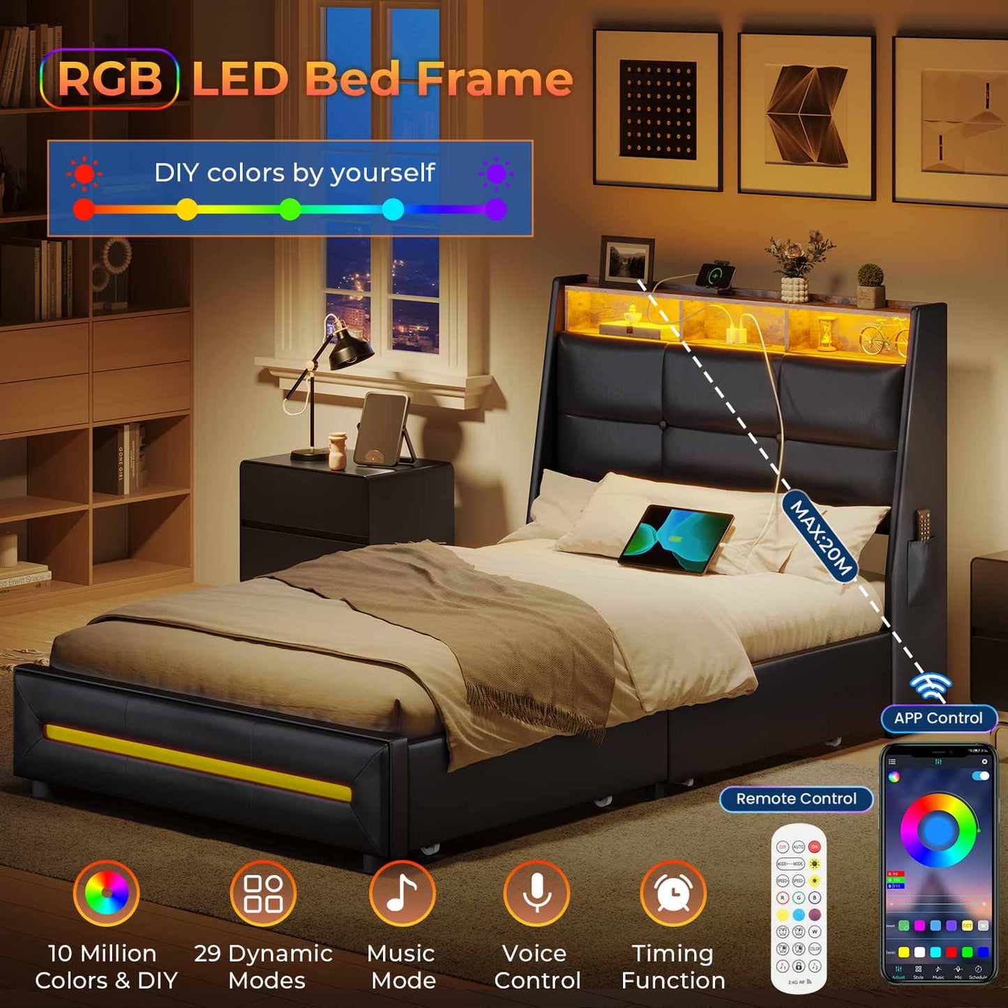 Twin Size LED Bed Frame with 4 Storage Drawers Black