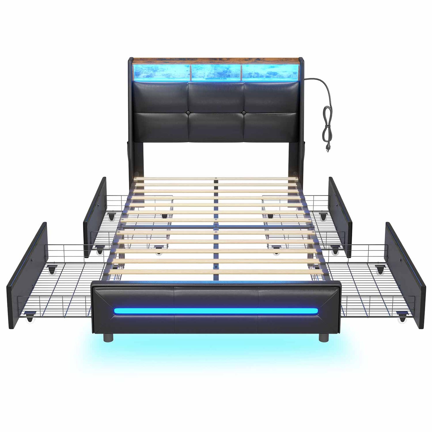 Twin Size LED Bed Frame with 4 Storage Drawers Black