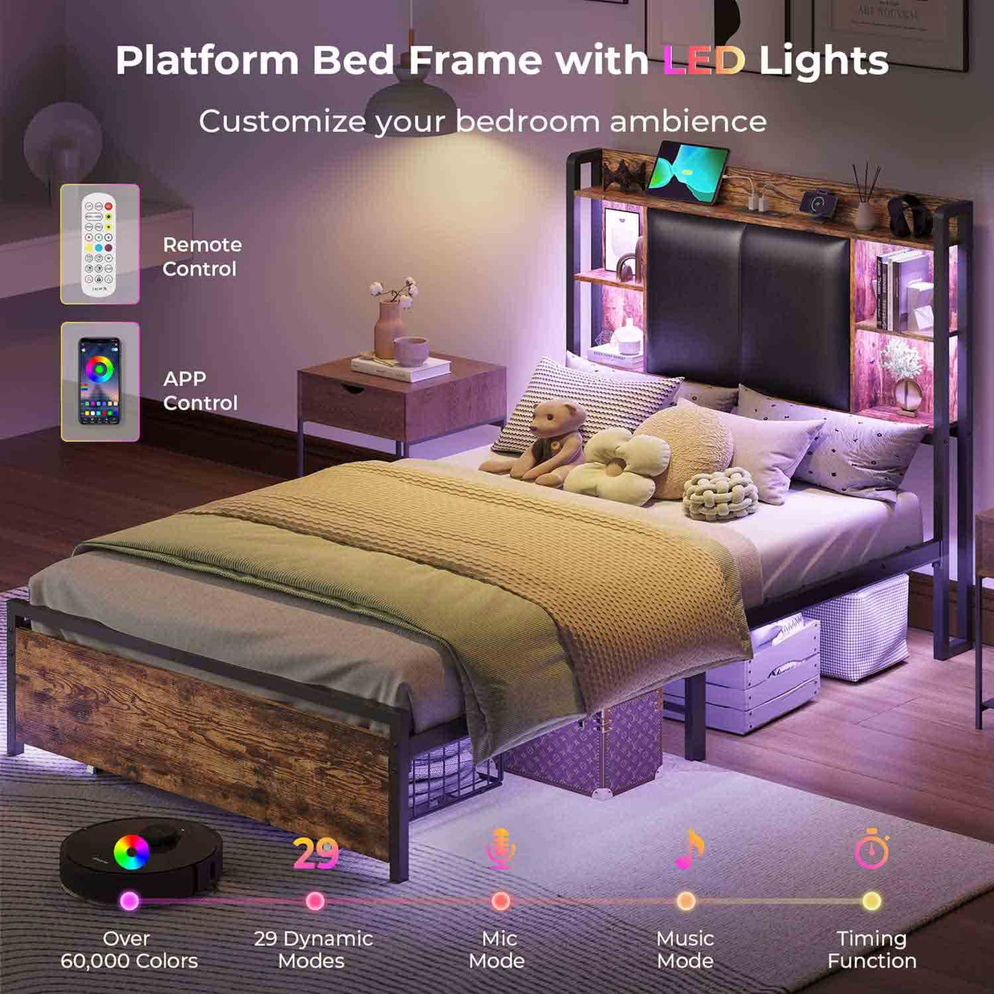 Twin Size LED Bed Frame with Storage Headboard Black
