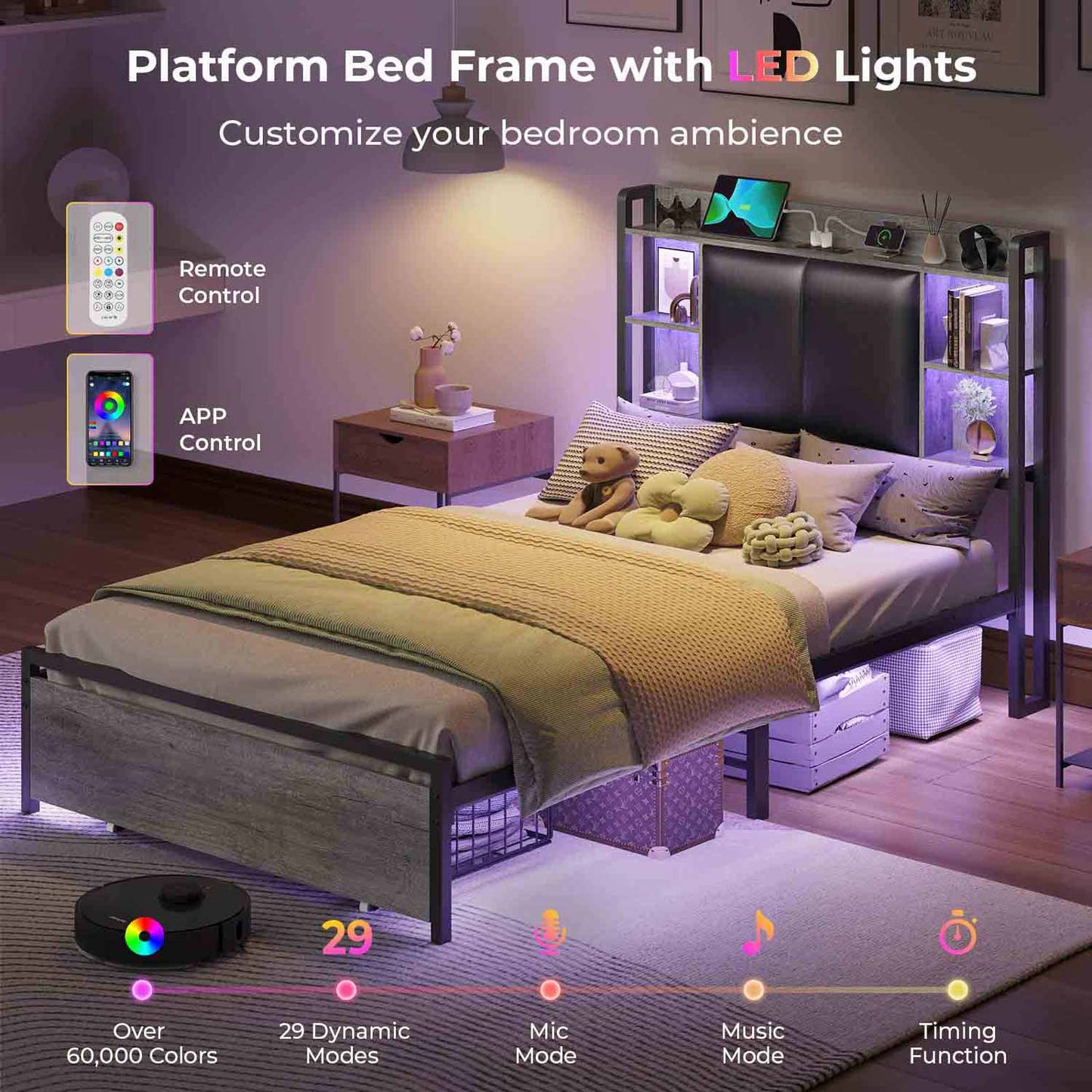 Twin Size LED Bed Frame Grey and Black