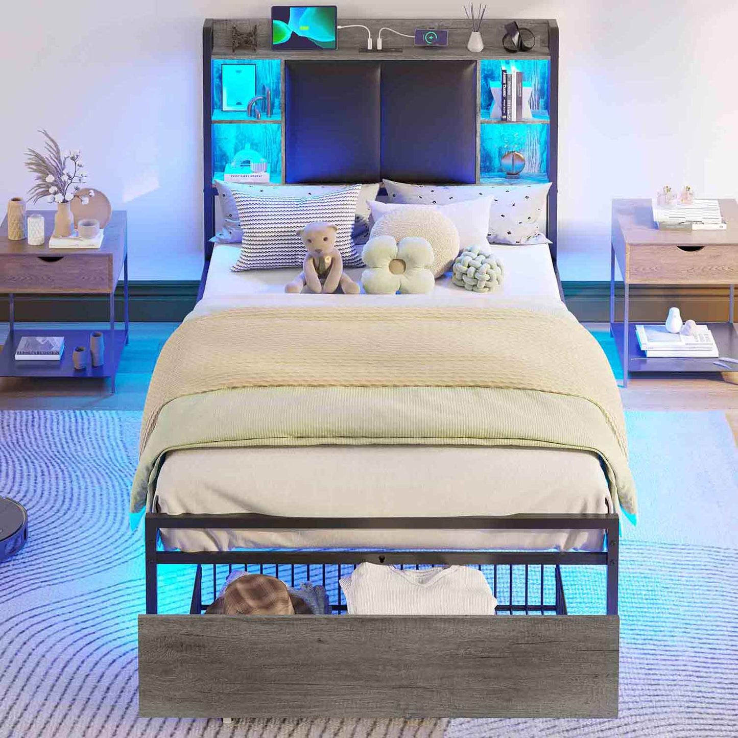Twin Size LED Bed Frame Grey and Black