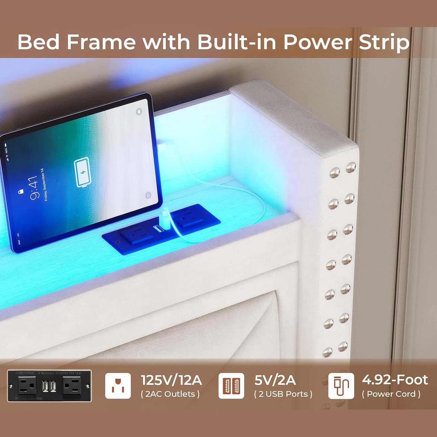 Velvet Upholstered LED Bed Frame with Tall Headboard Beige