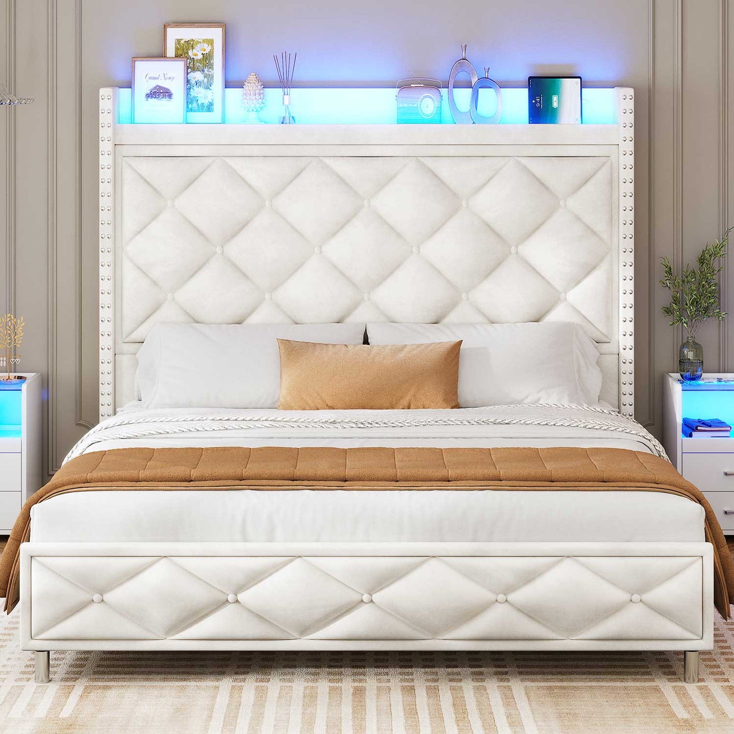 Velvet Upholstered LED Bed Frame with Tall Headboard Beige
