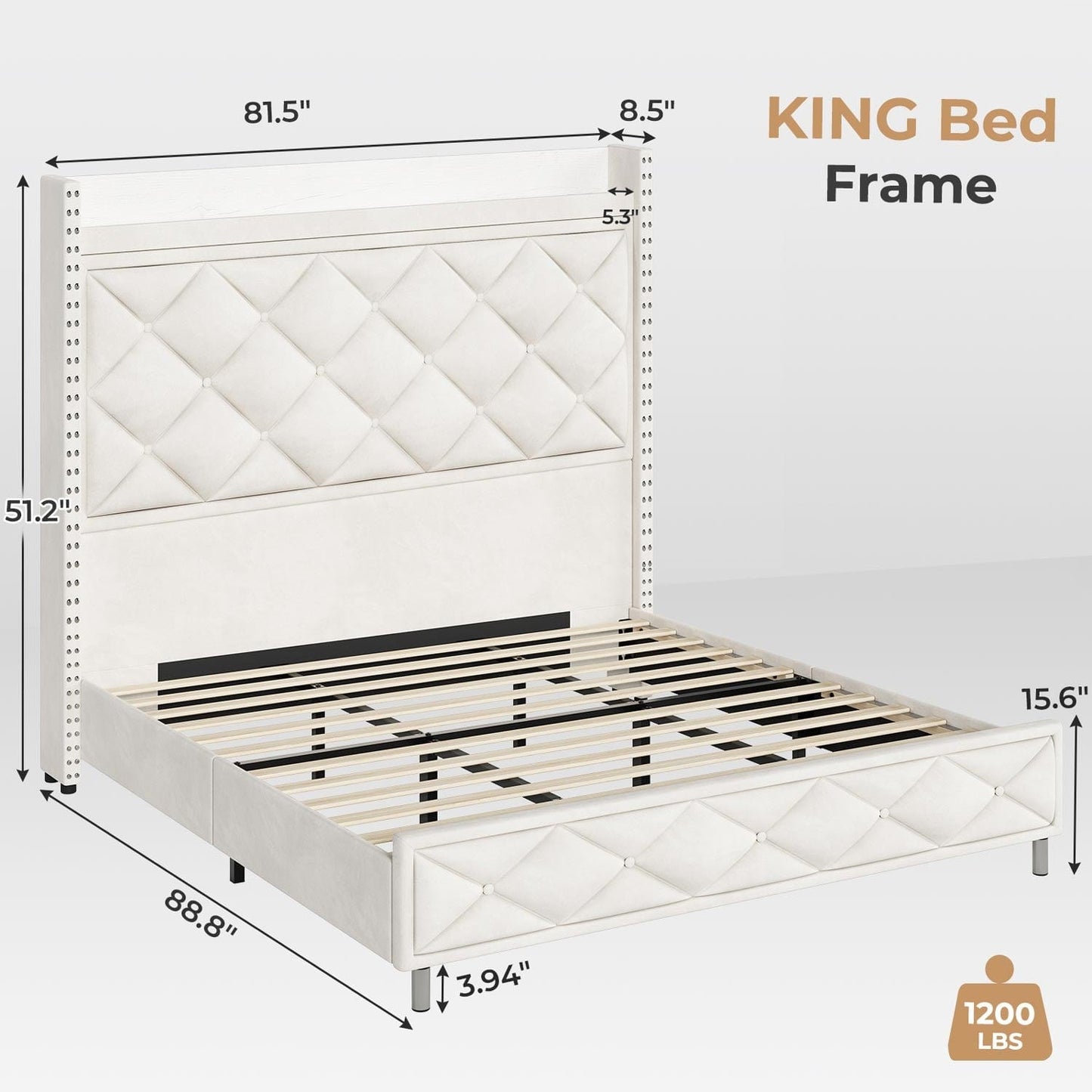Velvet Upholstered LED Bed Frame with Tall Headboard Beige