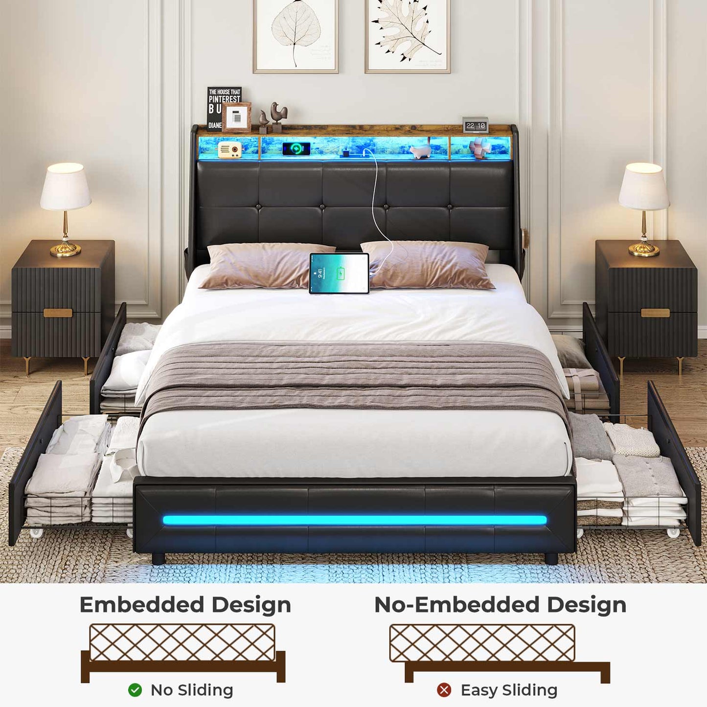 LED Bed Frame with 4 Under Bed Storage Drawers Black