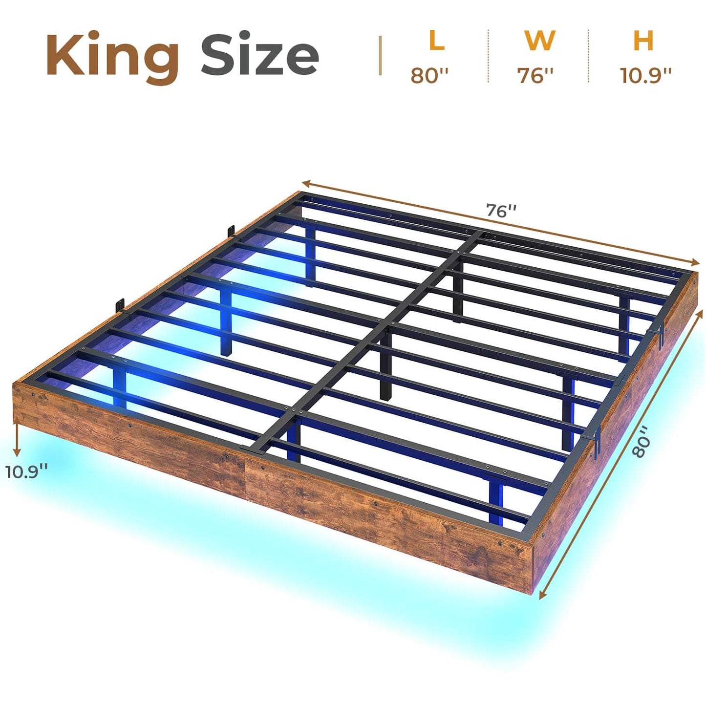 Floating Industrial Wooden Metal Platform Bed Frame Brown