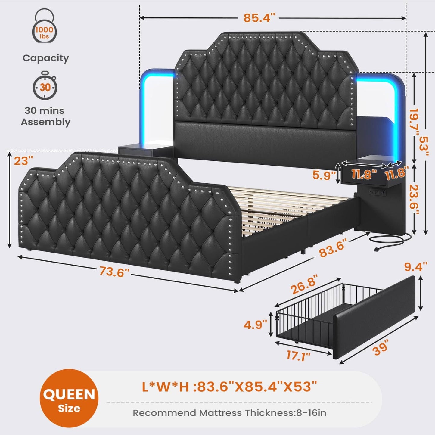 PU Leather Upholstered LED Bed Frame with 2 Nightstands 2 Mirrors Black