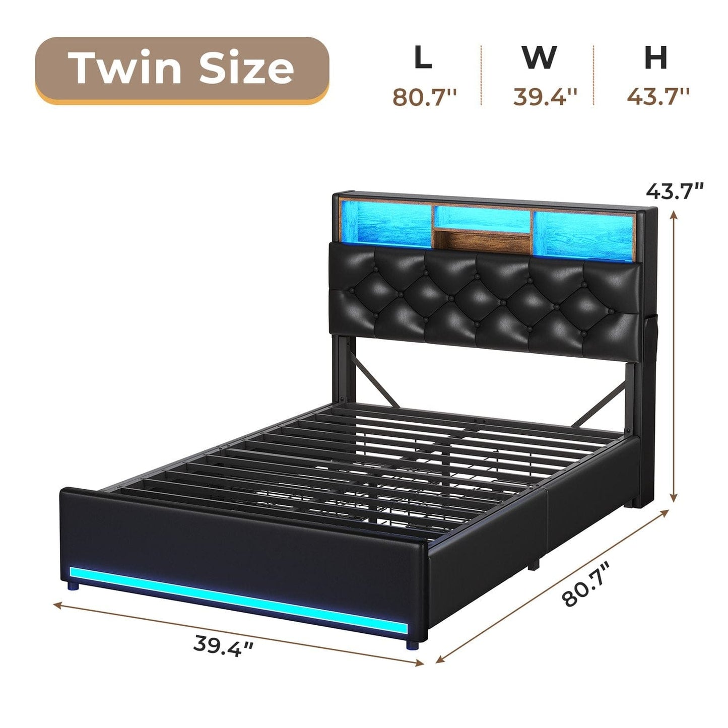 PU Leather Upholstered Bed Frame with LED Lights Black