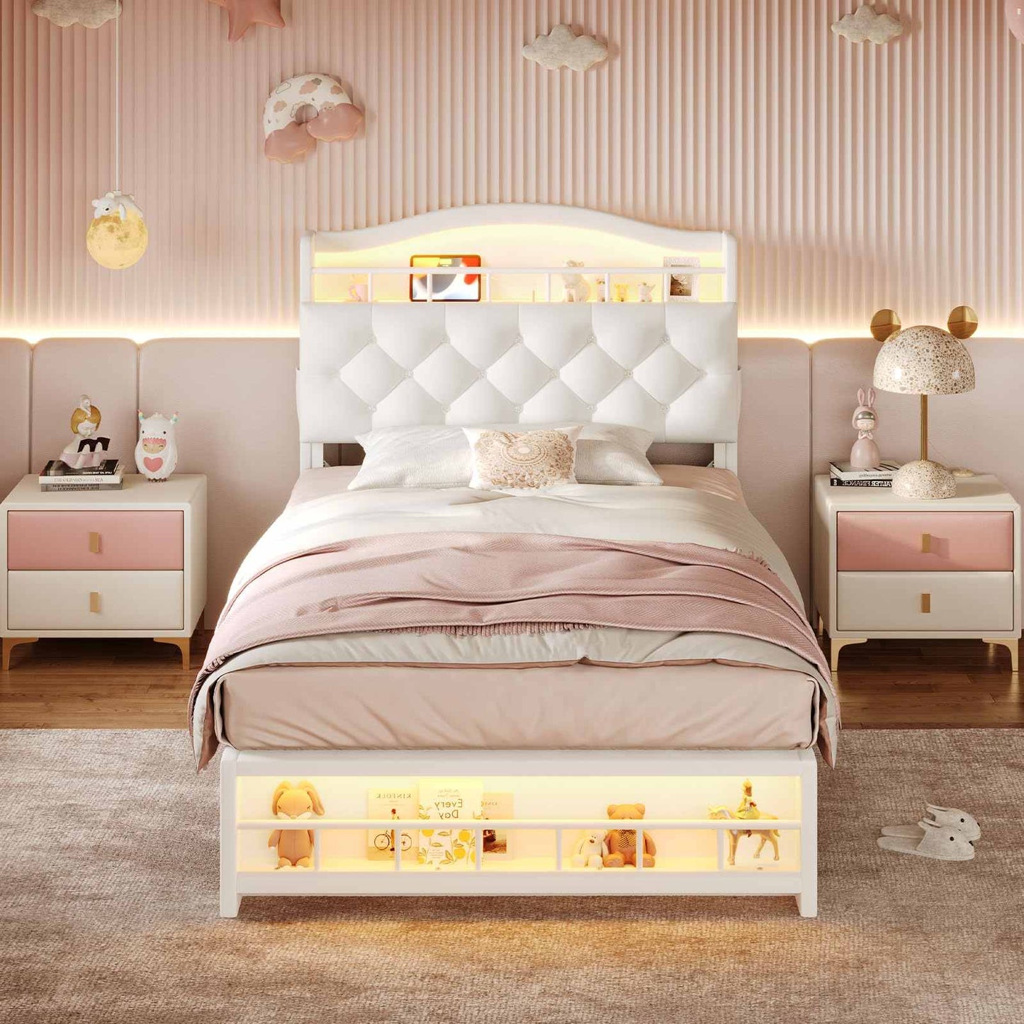 Twin Size Princess Velvet Upholstered LED Bed Frame Beige