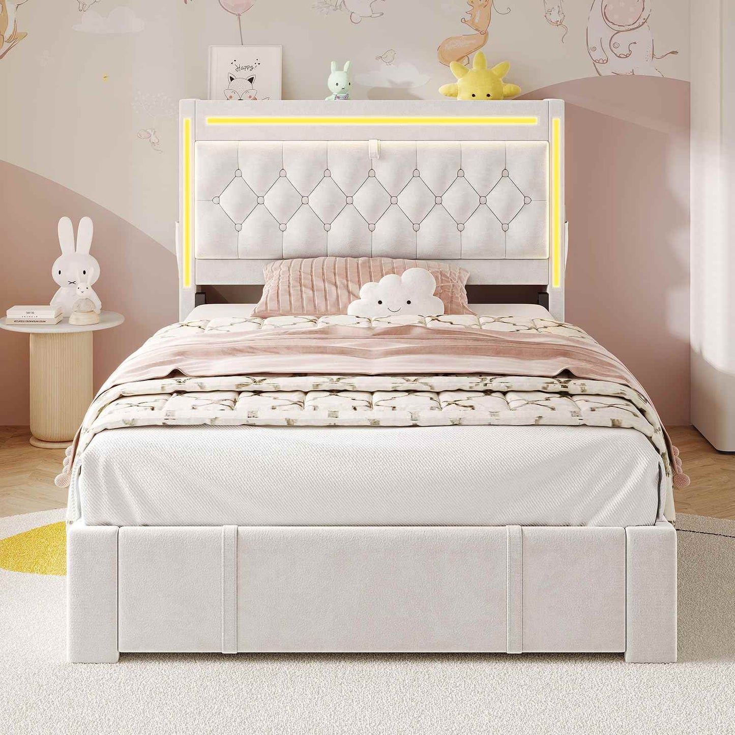 Twin Size Velvet Upholstered Bed Frame with 3 Drawers Beige