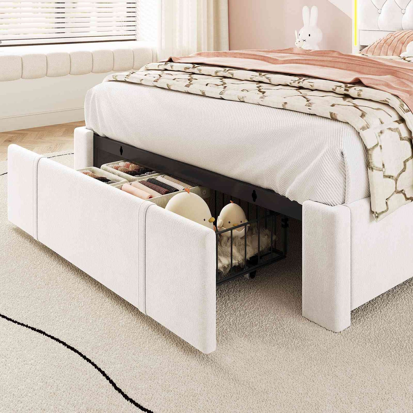 Twin Size Velvet Upholstered Bed Frame with 3 Drawers Beige