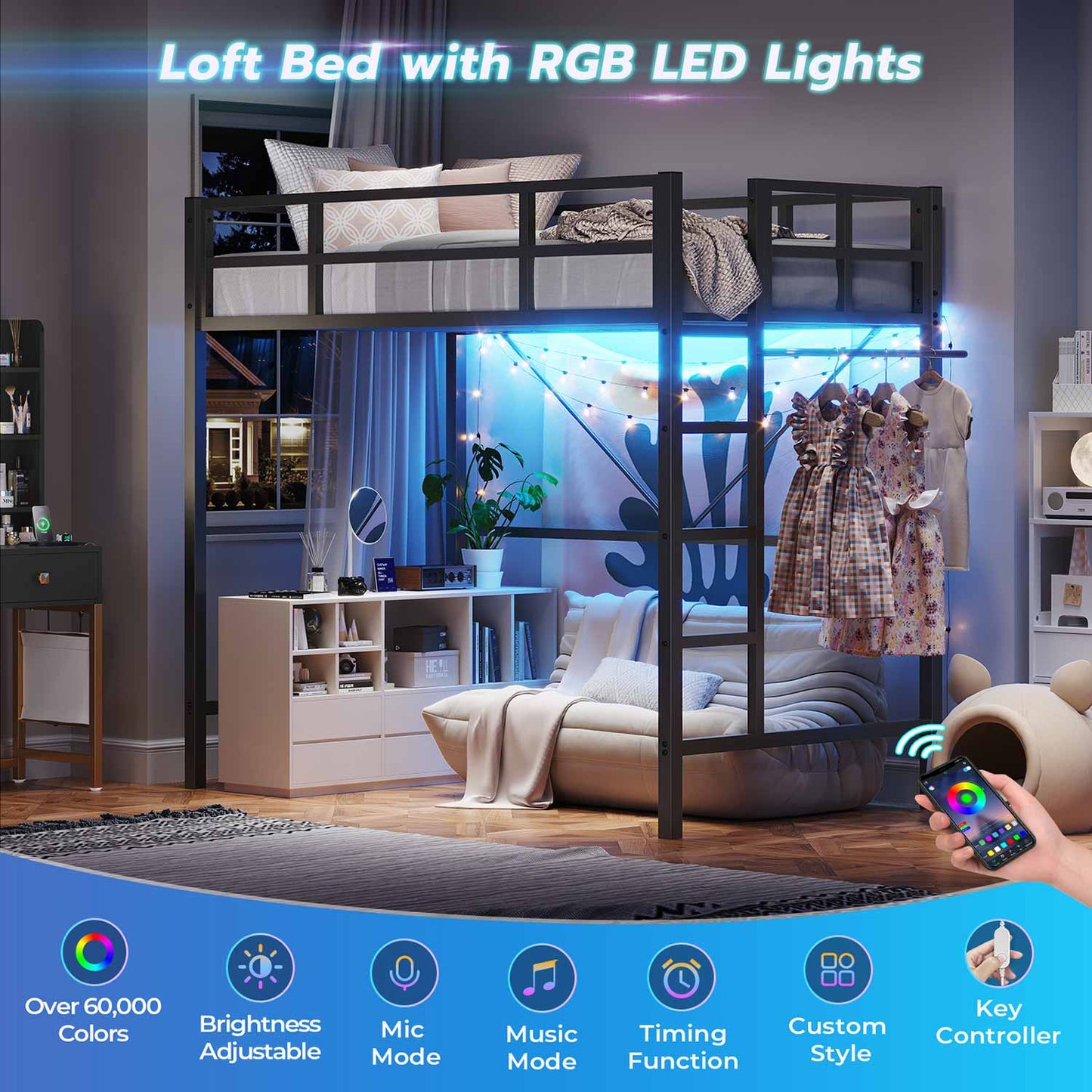 Metal Loft Bed Frame with LED Lights Black