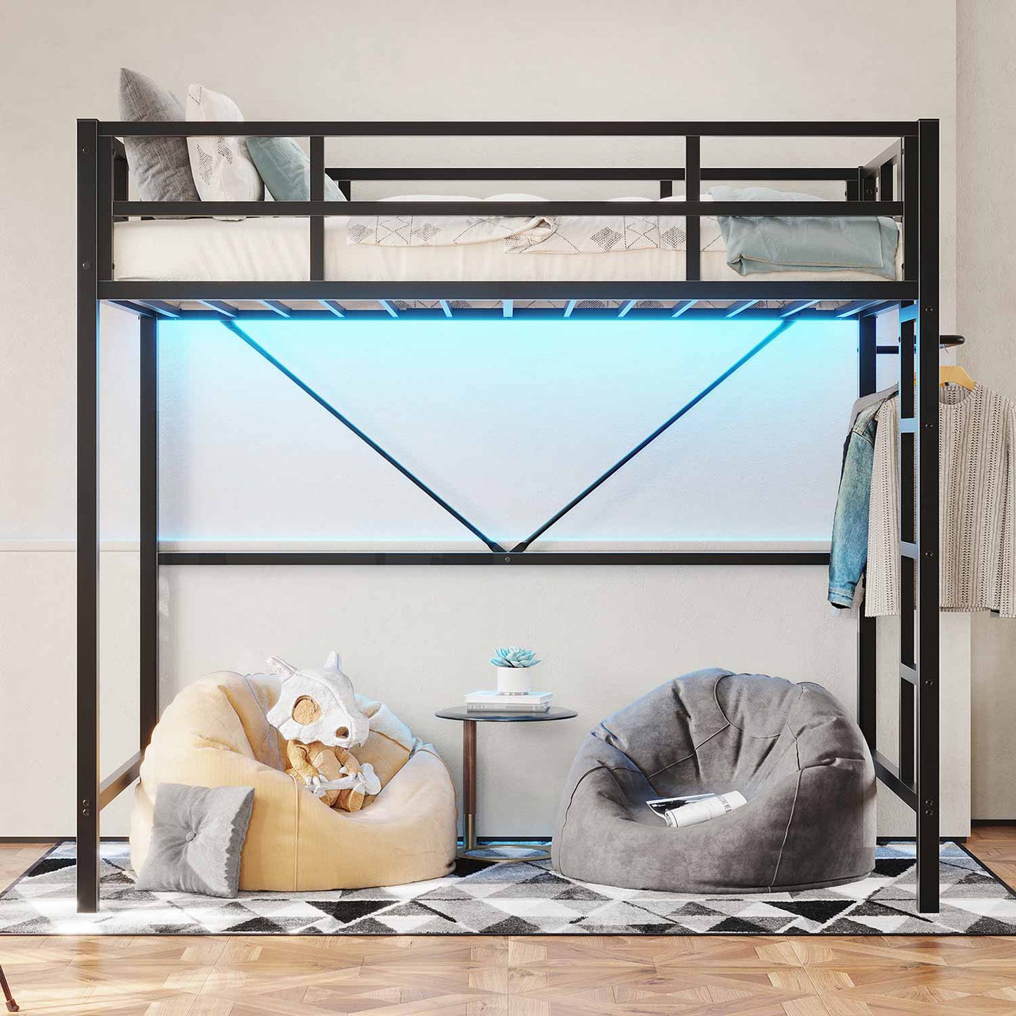 Metal Loft Bed Frame with LED Lights Black