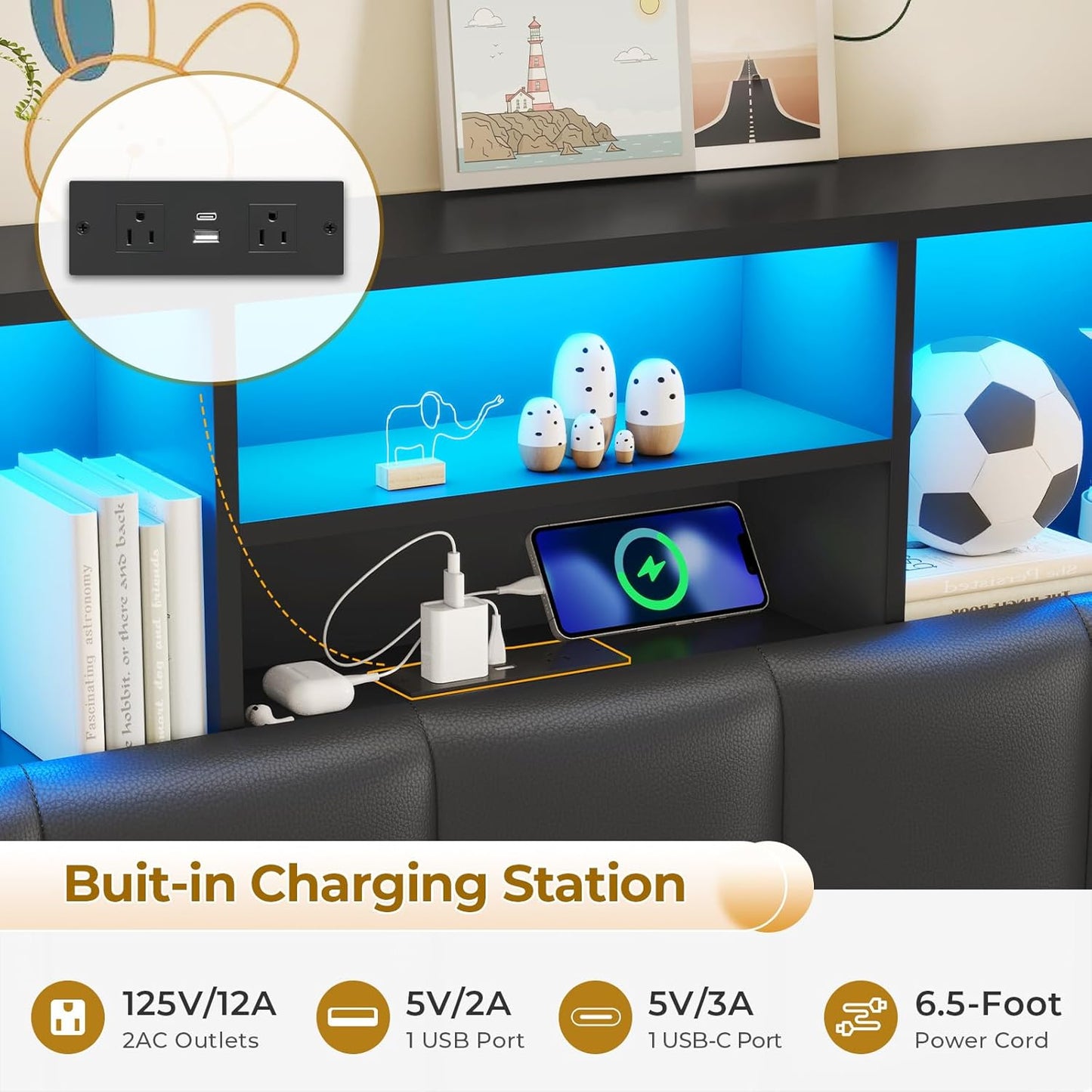 Twin Size Bed Frame with Bookcase Headboard and Charging Station Black