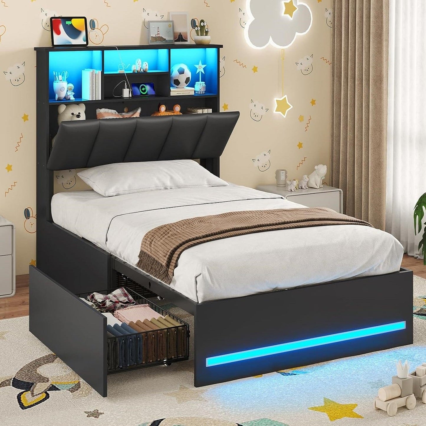 Twin Size Bed Frame with Bookcase Headboard and Charging Station Black