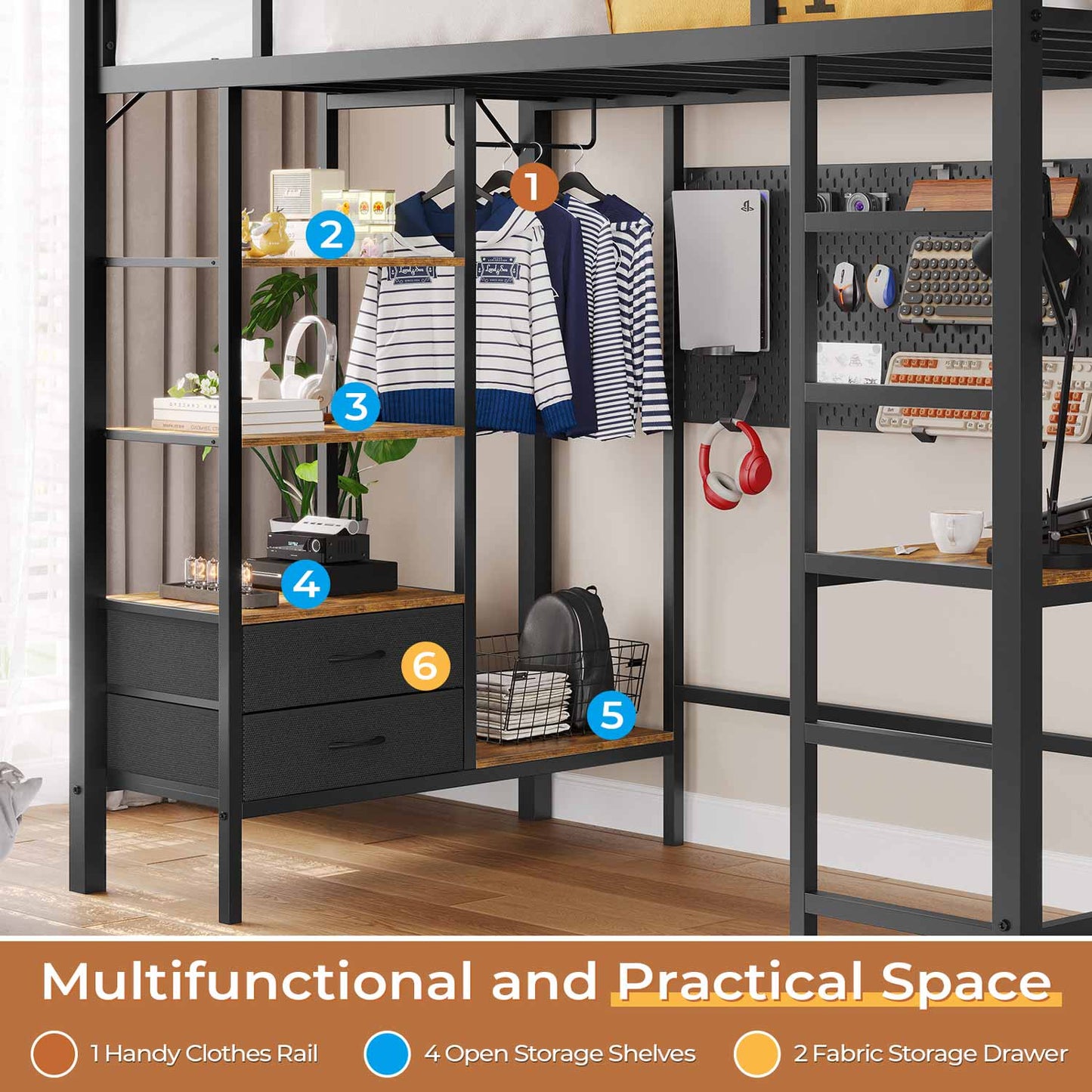 Twin LED Loft Bed Frame with Desk Charging Station Black