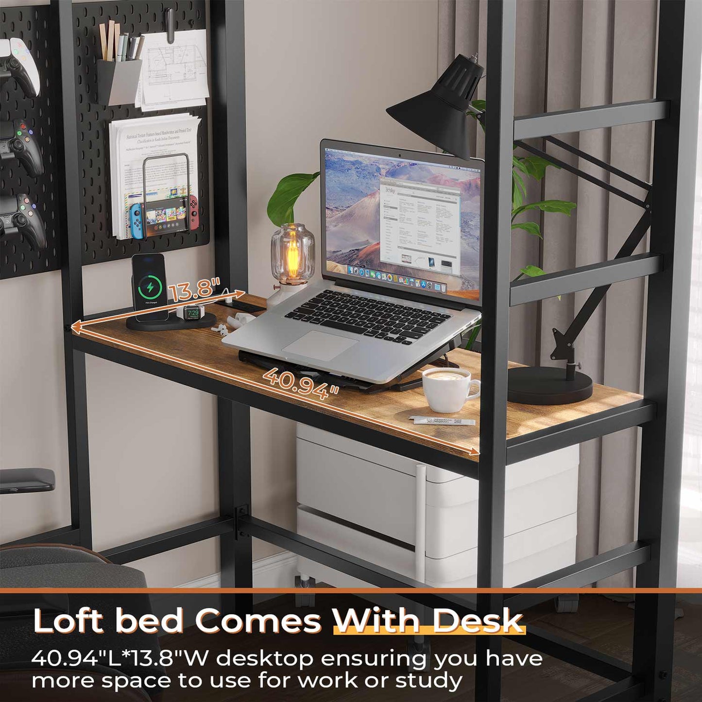 Twin LED Loft Bed Frame with Desk Charging Station Black
