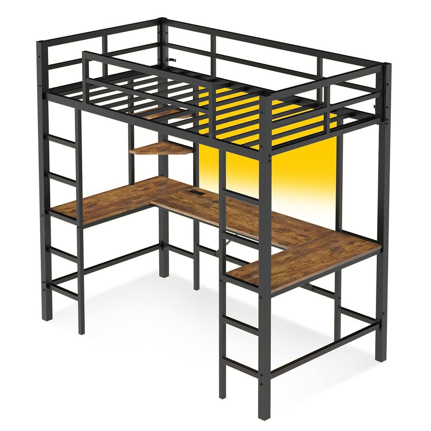 LED Twin Size Metal Loft Bed Frame with U Shaped Desk Black