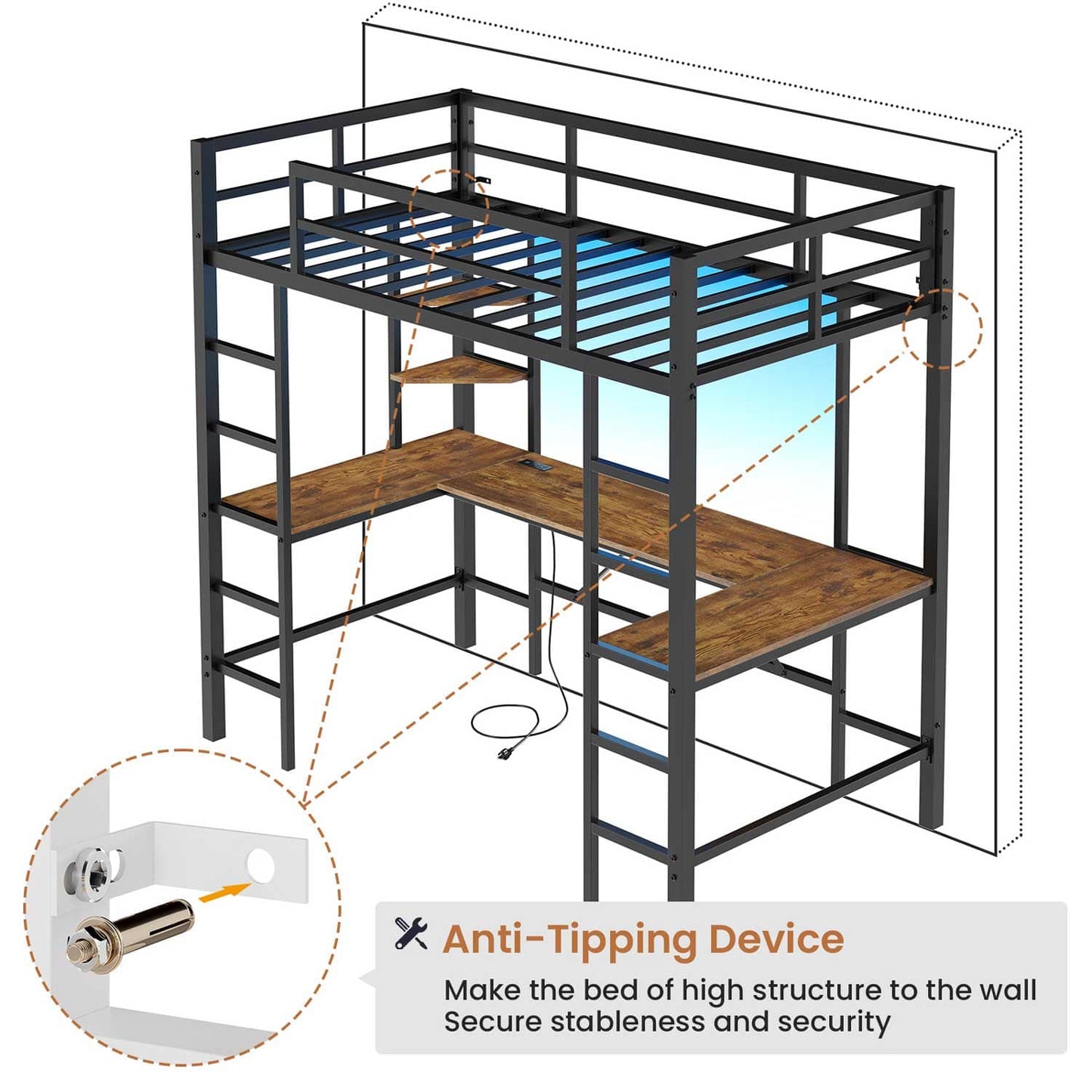 LED Twin Size Metal Loft Bed Frame with U Shaped Desk Black