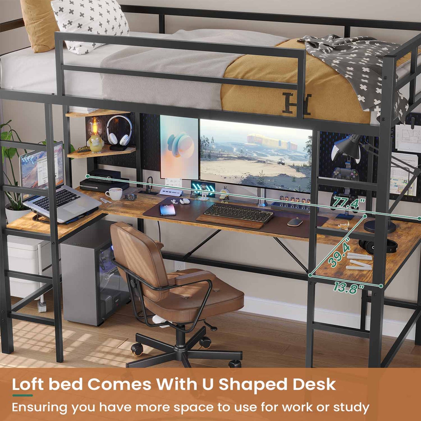 LED Twin Size Metal Loft Bed Frame with U Shaped Desk Black