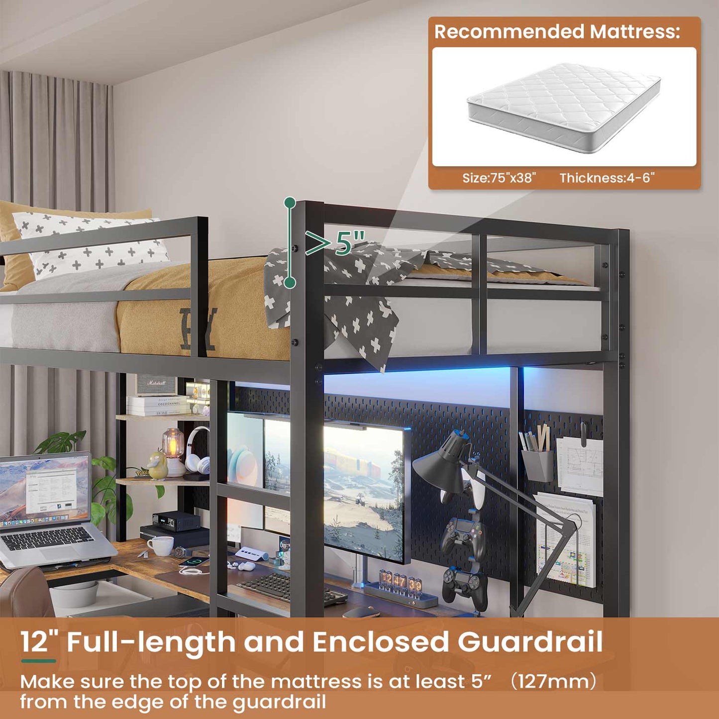 LED Twin Size Metal Loft Bed Frame with U Shaped Desk Black