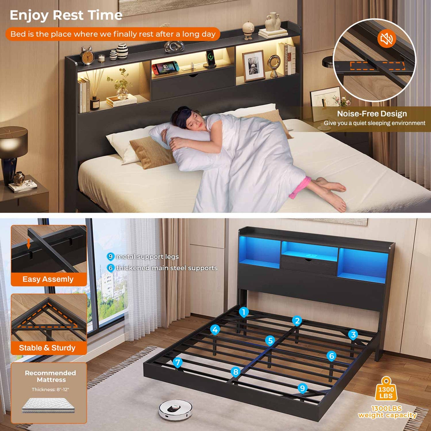Queen Floating Bed Frame with LED Lights and Headboard Storage Black