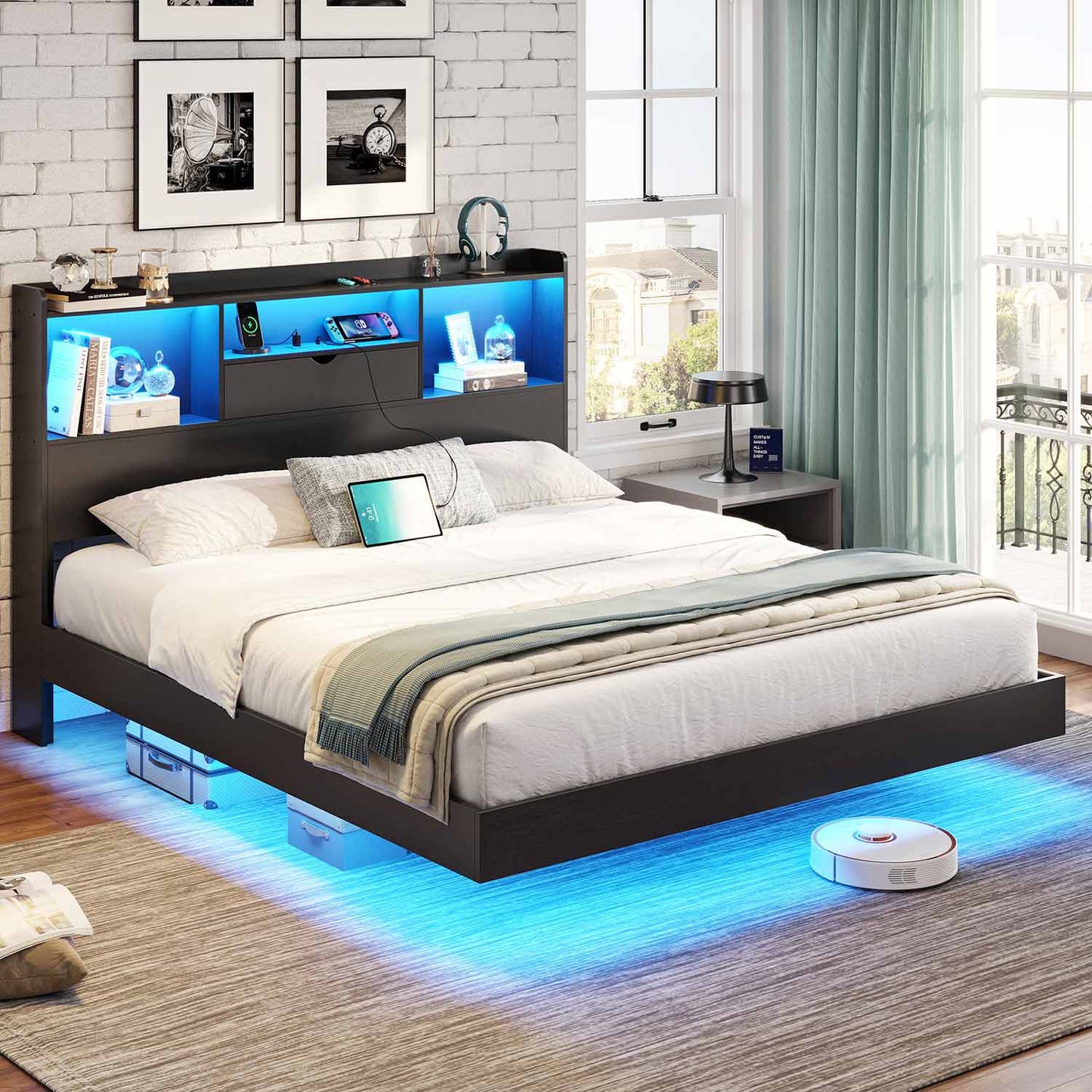 Queen Floating Bed Frame with LED Lights and Headboard Storage Black