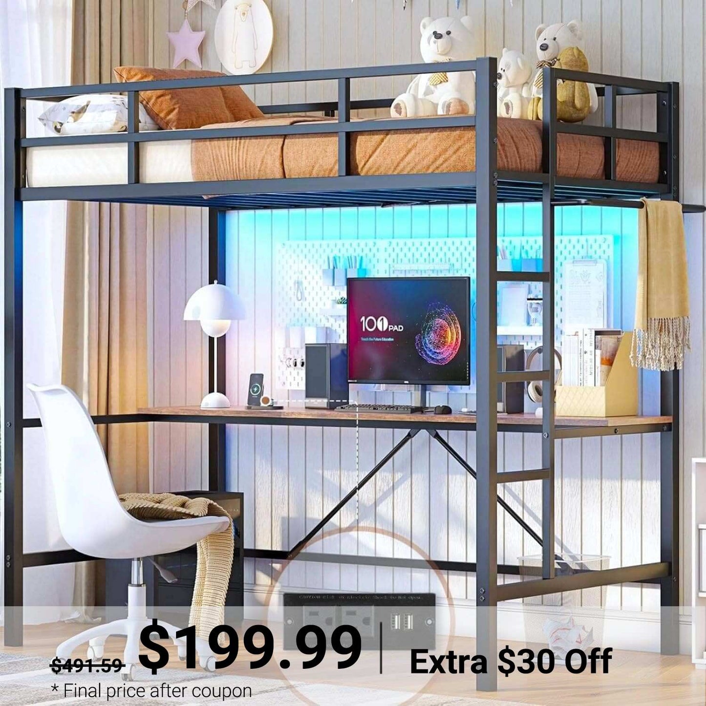 Twin Size LED Loft Bed Frame with Desk Black