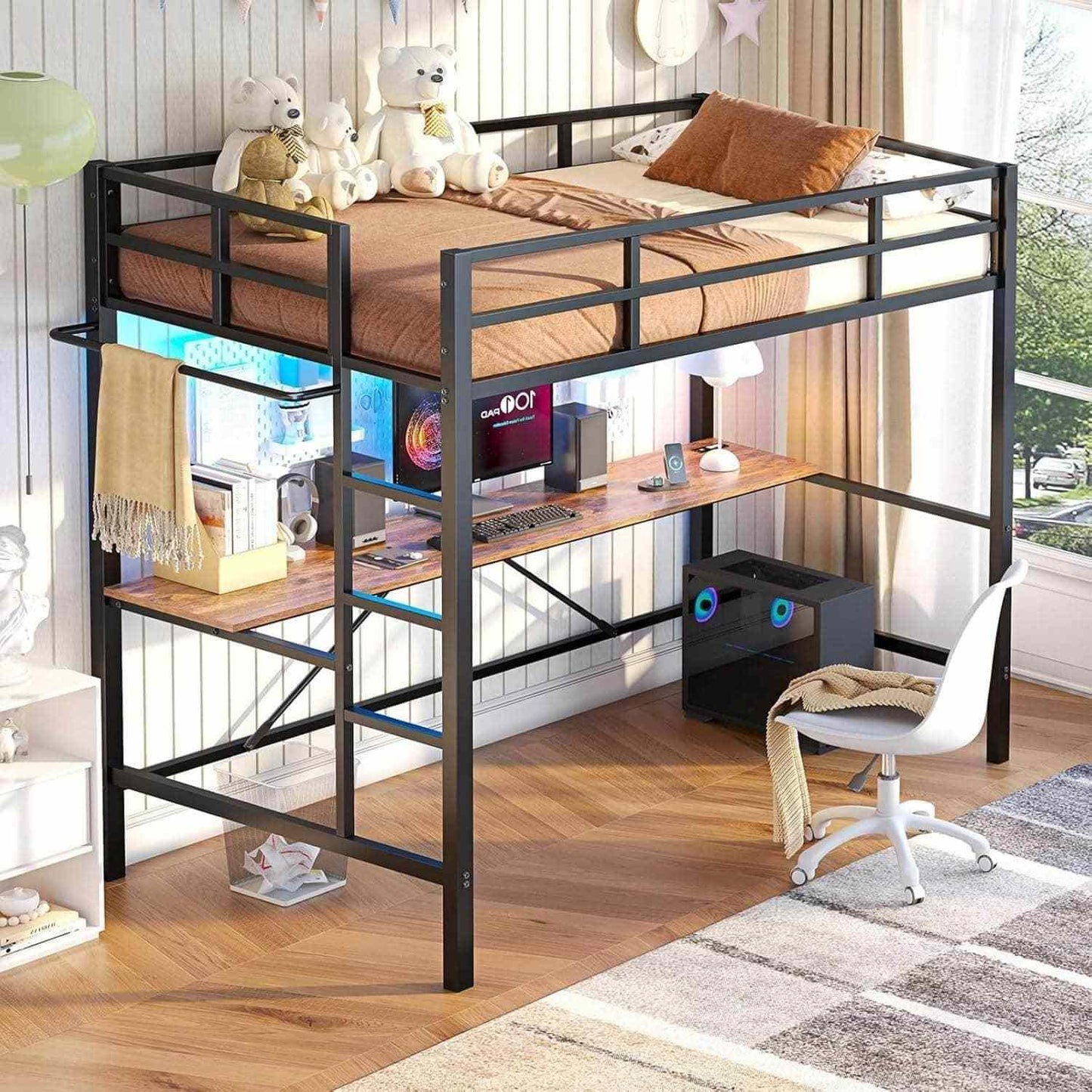 Twin Size LED Loft Bed Frame with Desk Black