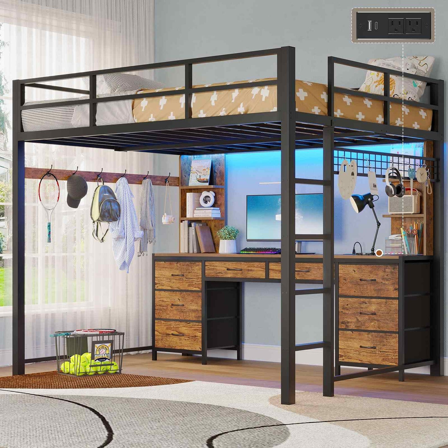 Full Size LED Loft Bed Frame with L-Shaped Desk Brown