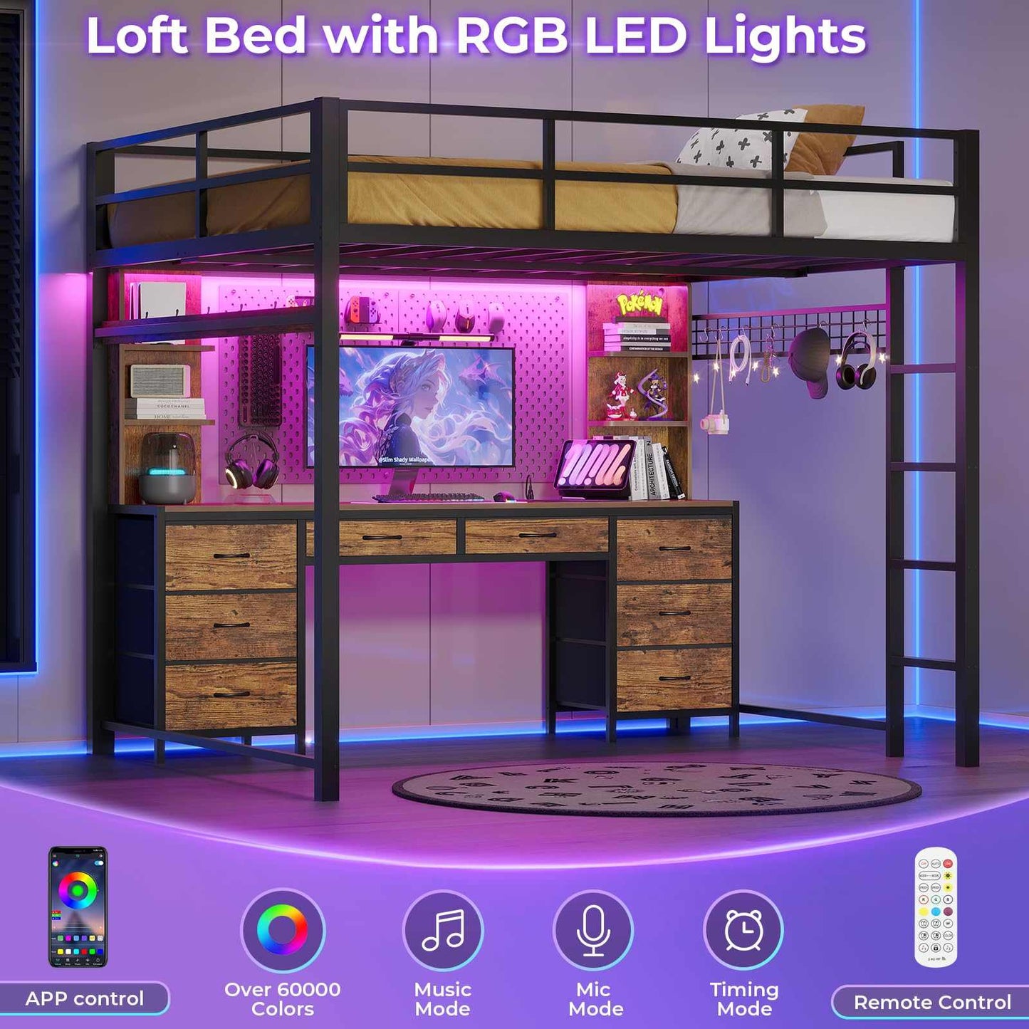 Full Size LED Loft Bed Frame with L-Shaped Desk Brown