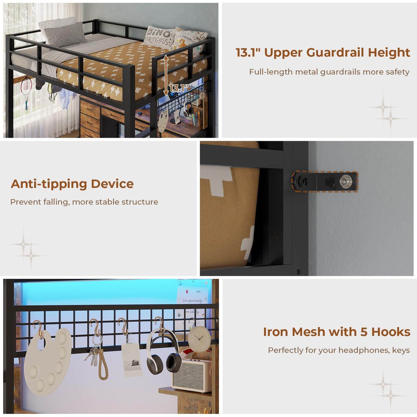 Full Size LED Loft Bed Frame with L-Shaped Desk Brown