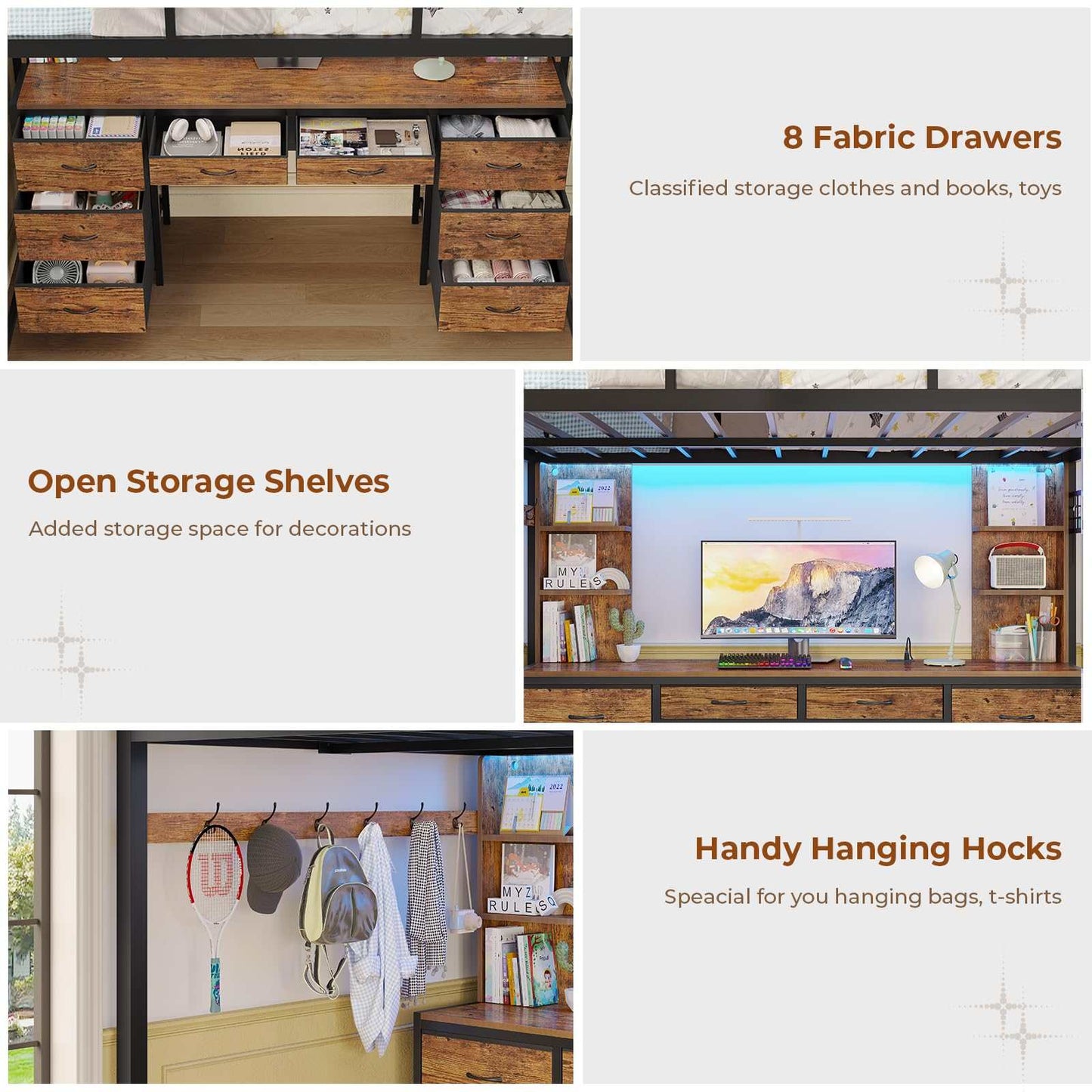 Full Size LED Loft Bed Frame with L-Shaped Desk Brown