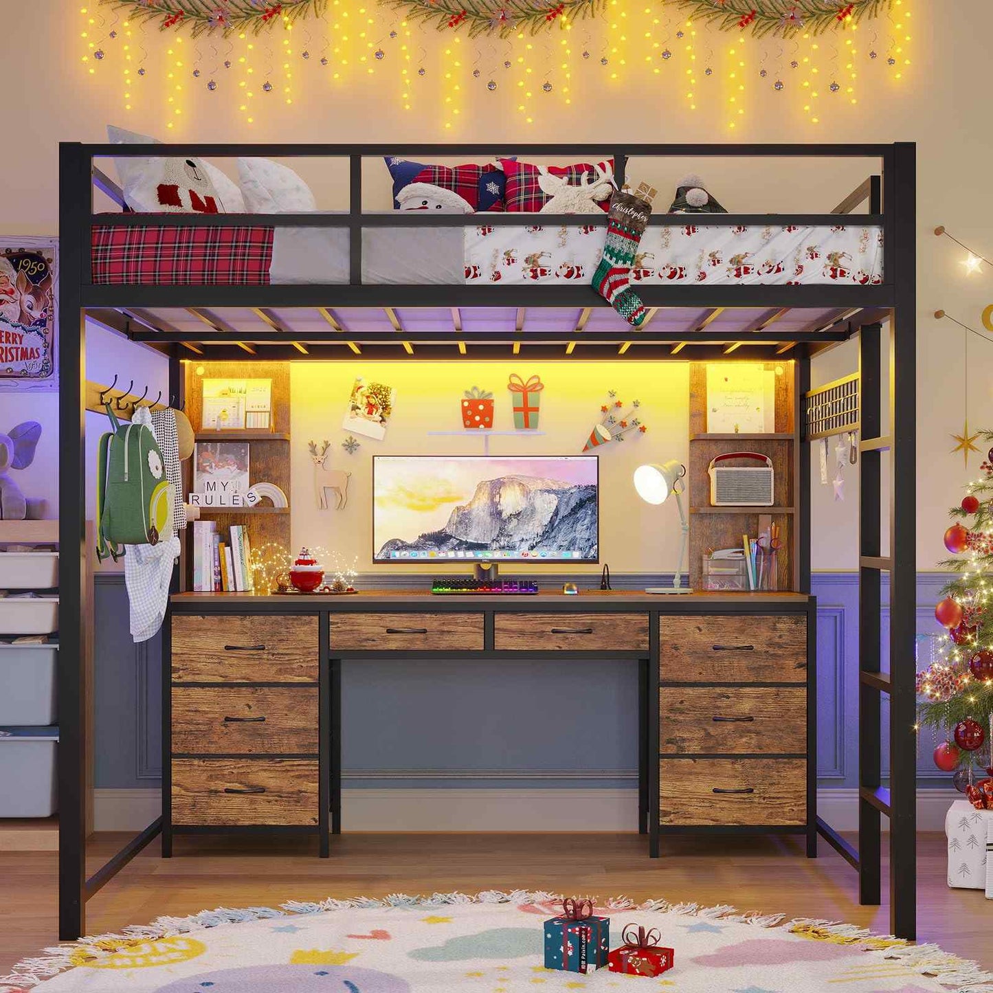 Full Size LED Loft Bed Frame with L-Shaped Desk Brown