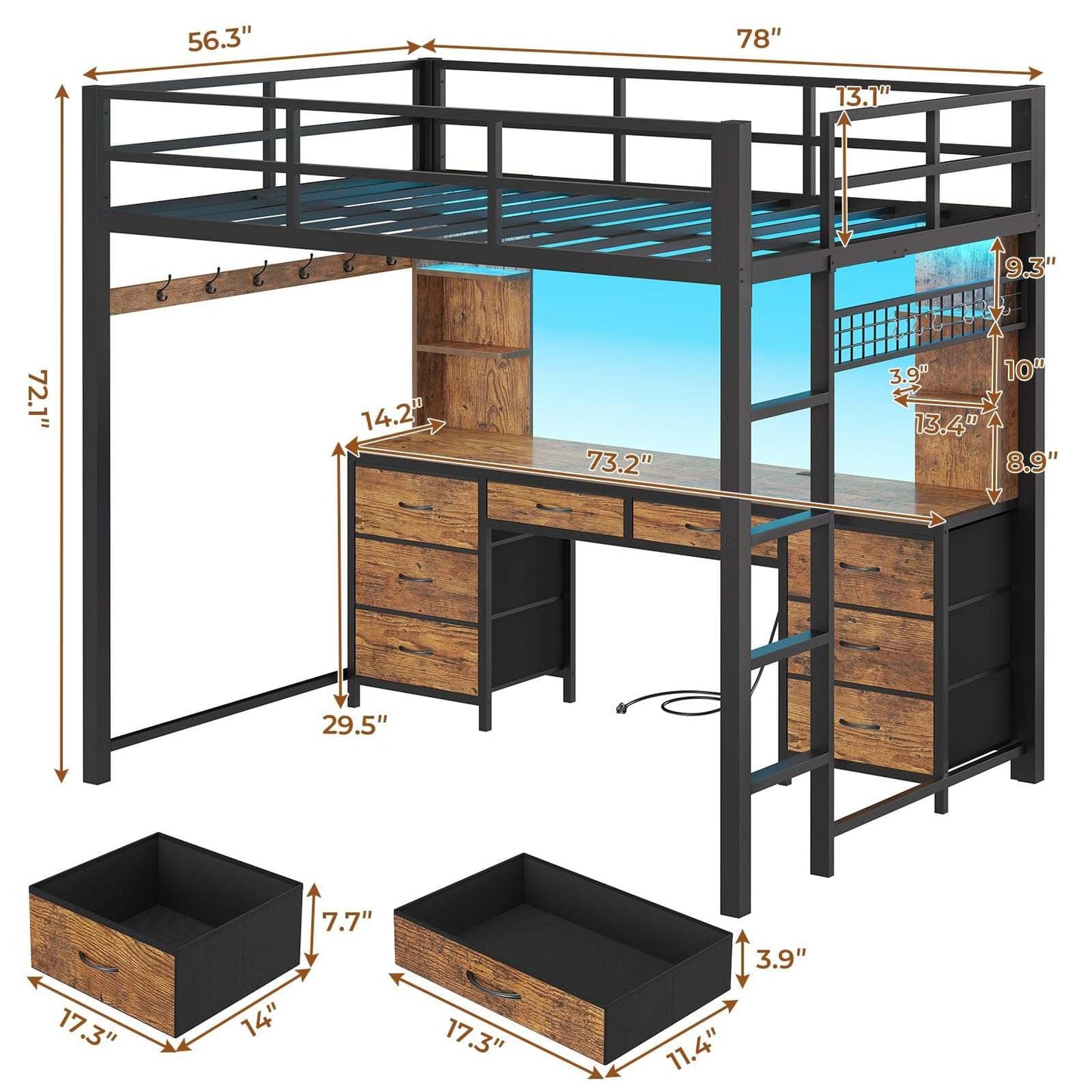 Full Size LED Loft Bed Frame with L-Shaped Desk Brown