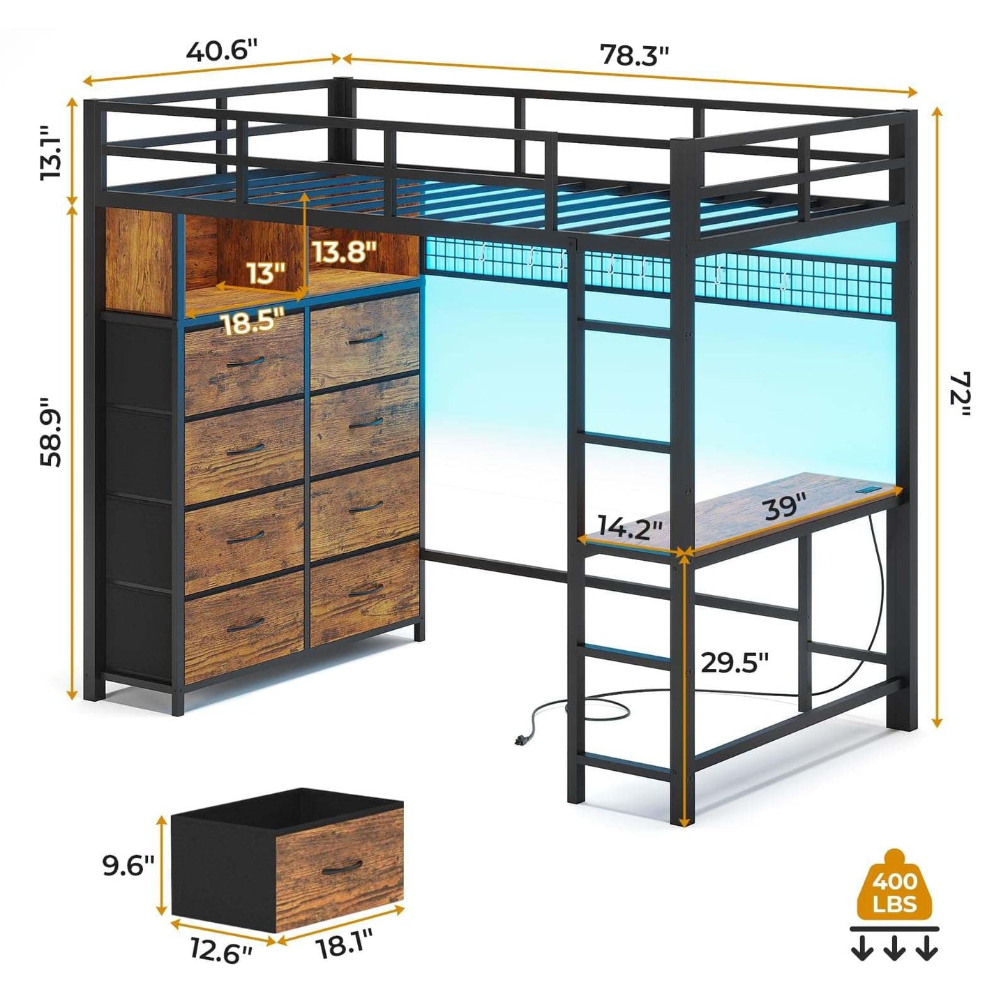 Twin Size LED Loft Bed Frame with Desk and 8 Drawers Brown