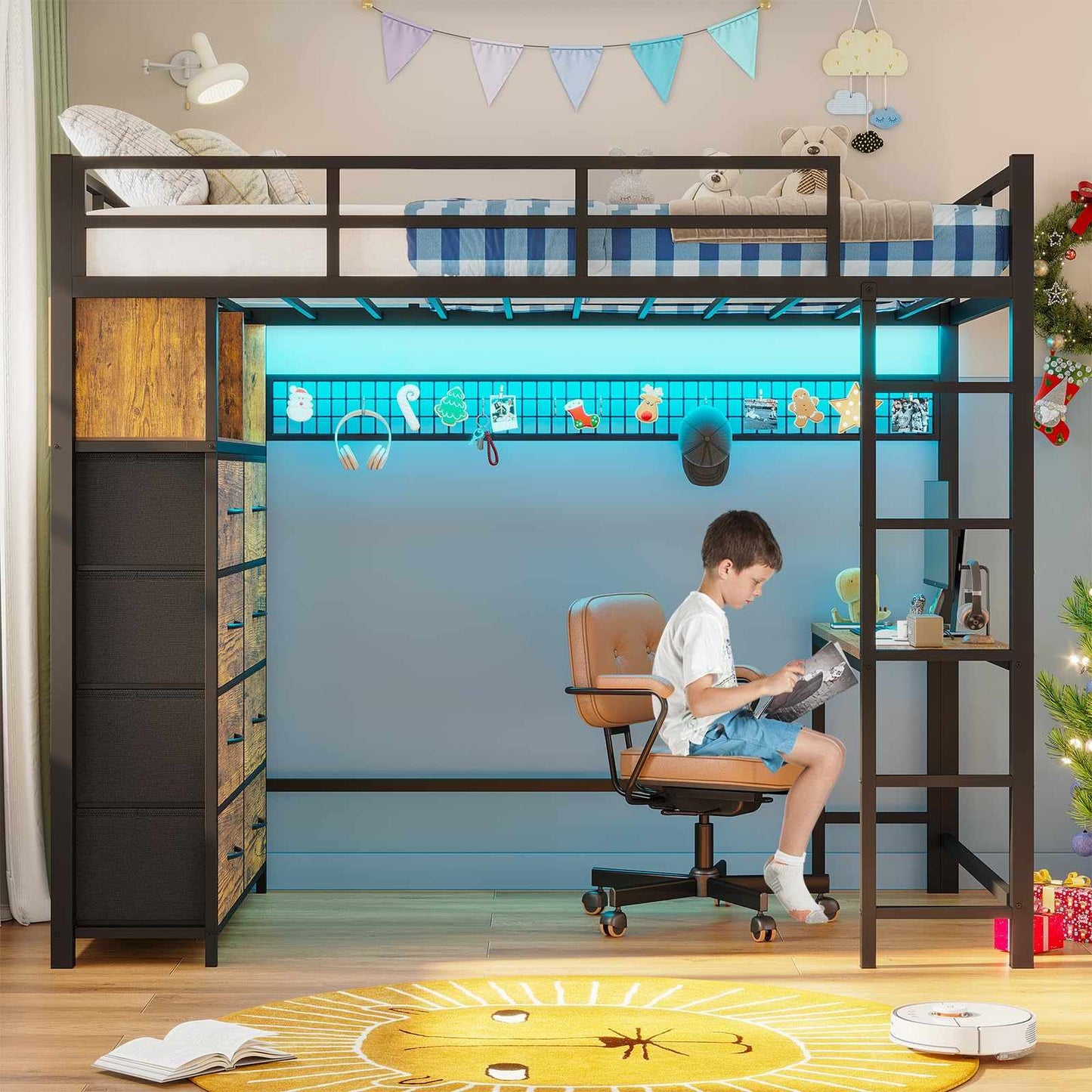 Twin Size LED Loft Bed Frame with Desk and 8 Drawers Brown