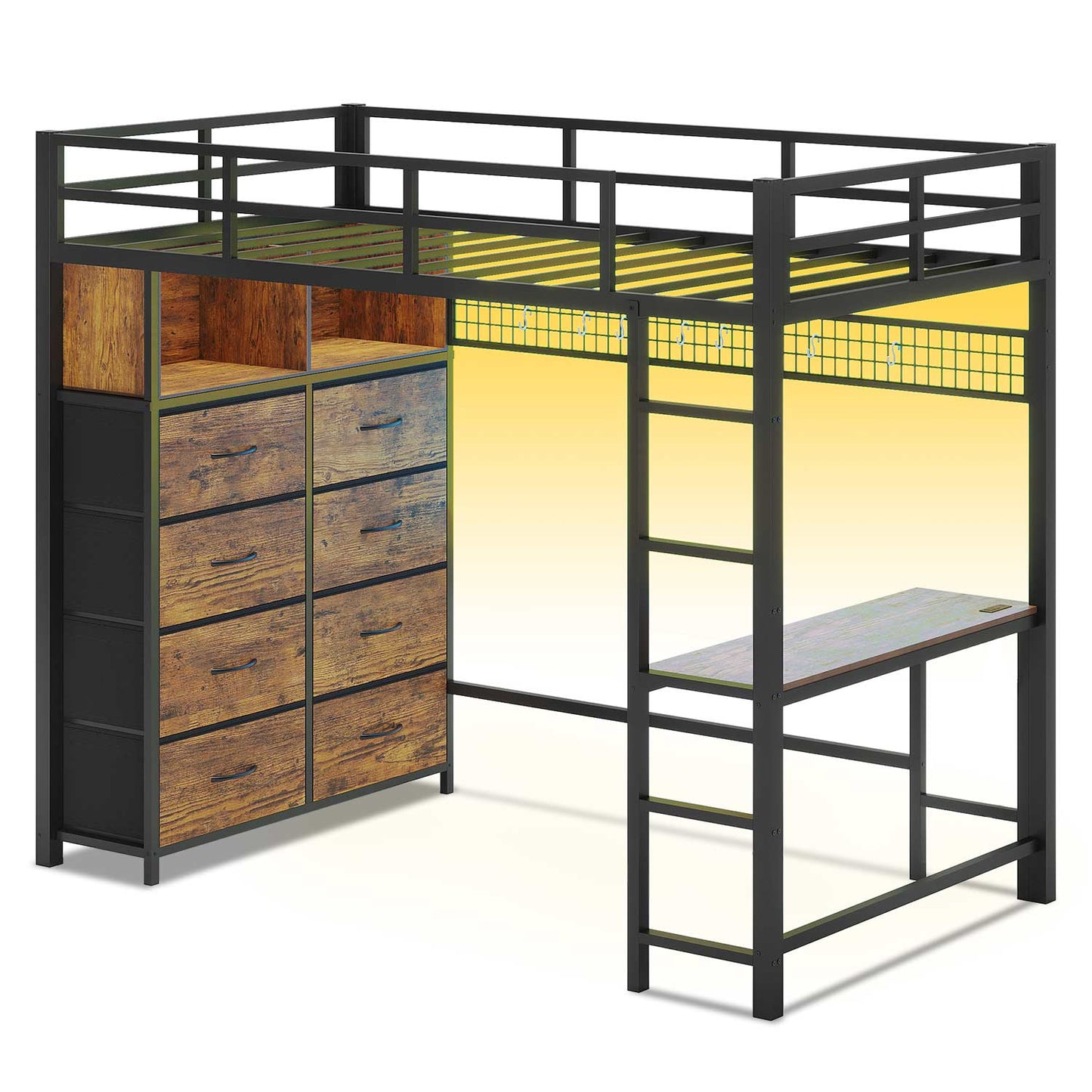 Twin Size LED Loft Bed Frame with Desk and 8 Drawers Brown