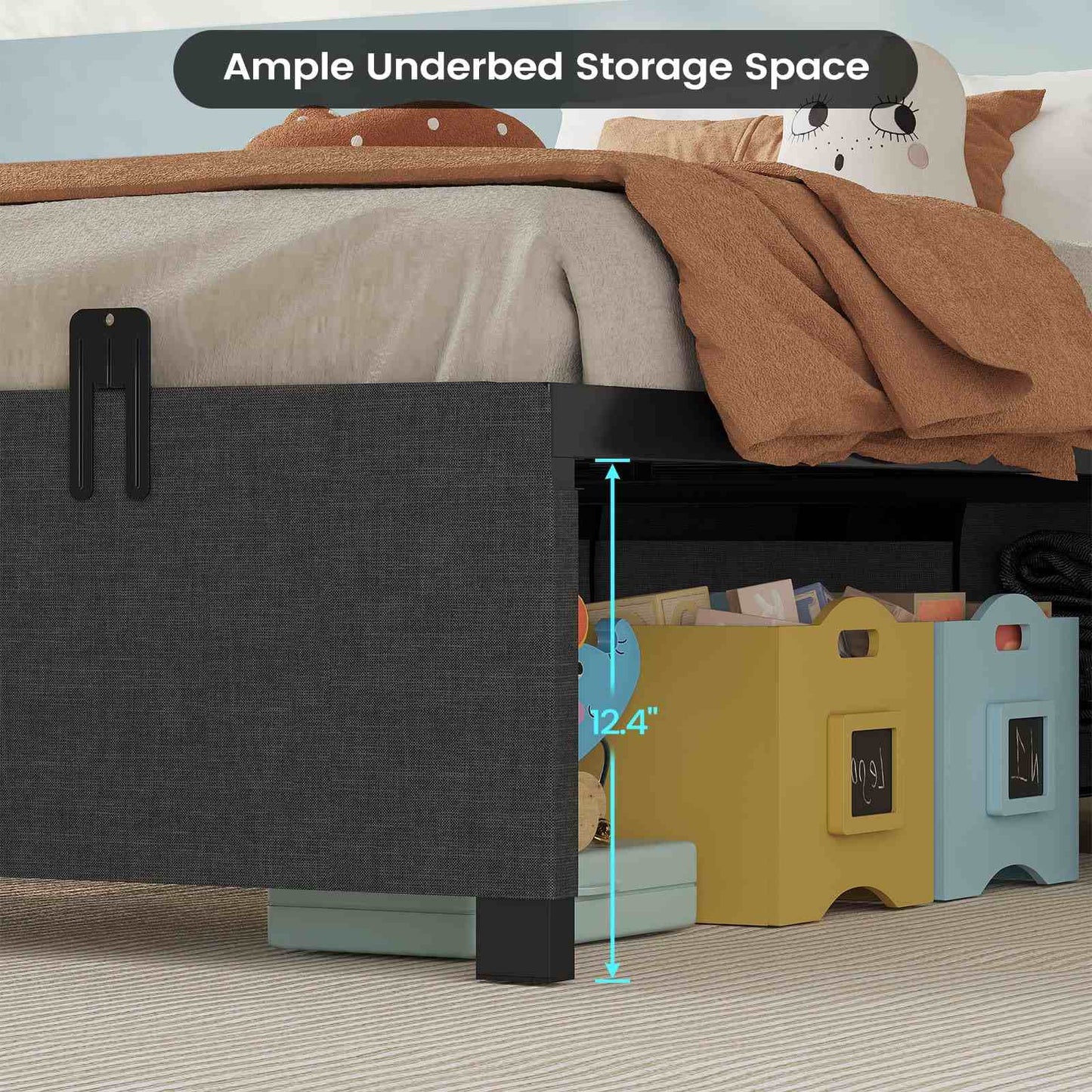 Twin Size Oxford Fabric Bed Frame with 2 Drawers Dark Grey