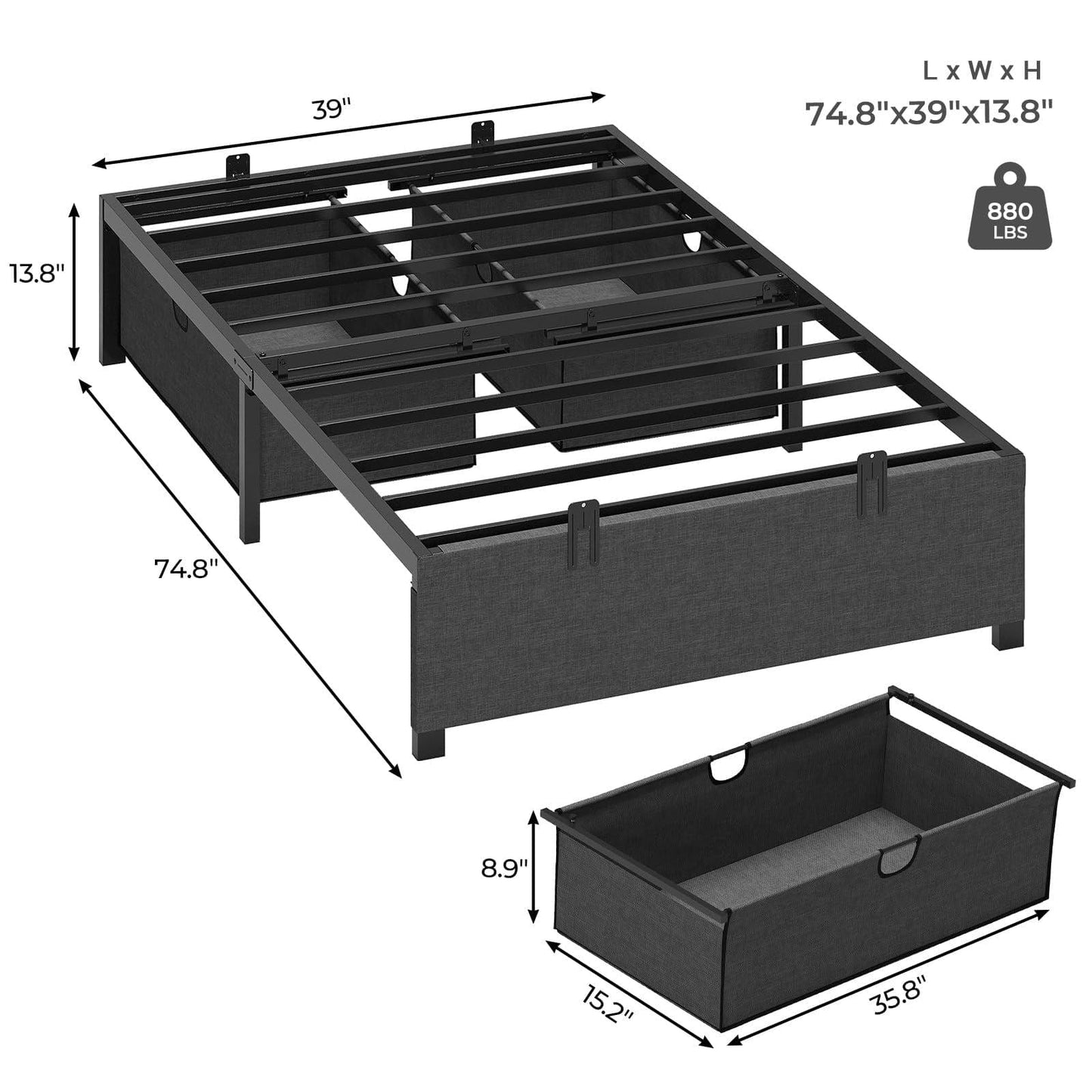 Twin Size Oxford Fabric Bed Frame with 2 Drawers Dark Grey
