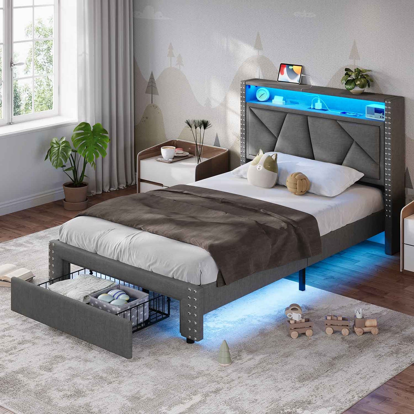 Twin Size Upholstered LED Bed Frame Dark Grey