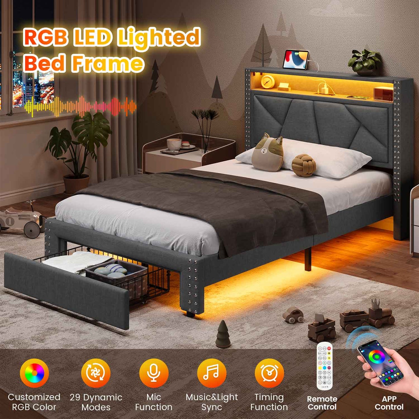 Twin Size Upholstered LED Bed Frame Dark Grey