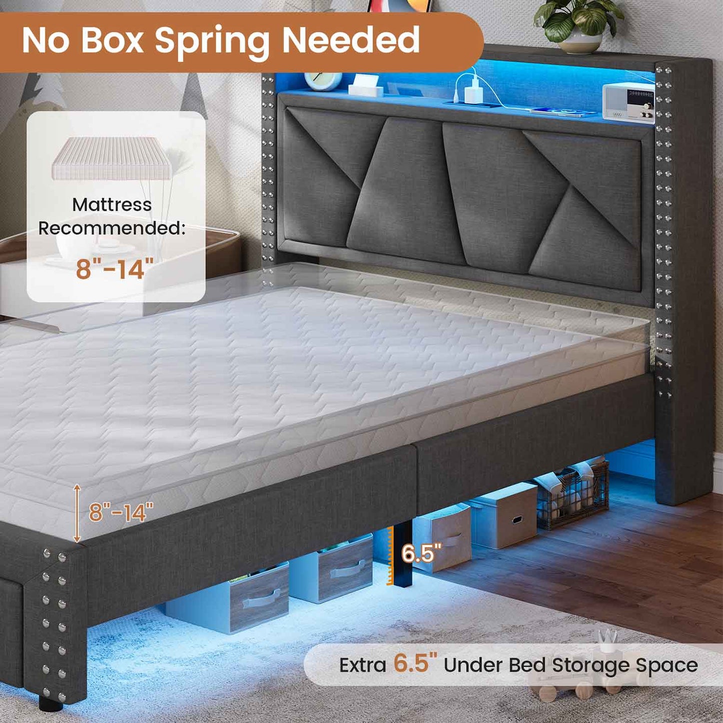 Twin Size Upholstered LED Bed Frame Dark Grey